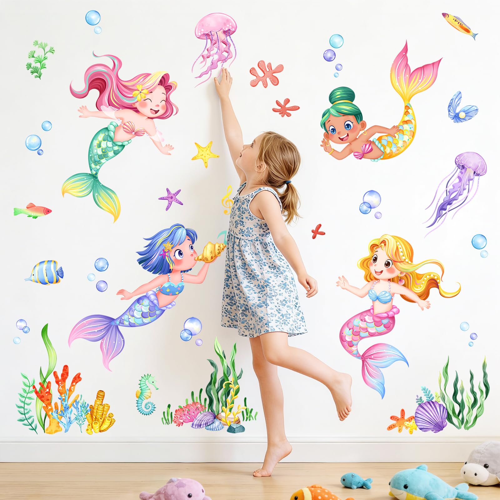 Tanlaby Mermaid Wall Stickers Under The Sea Ocean Wall Decals Fish Seaweed Bubbles Wall Art for Kids Baby Nursery Toddlers Bedroom Living Room Decor