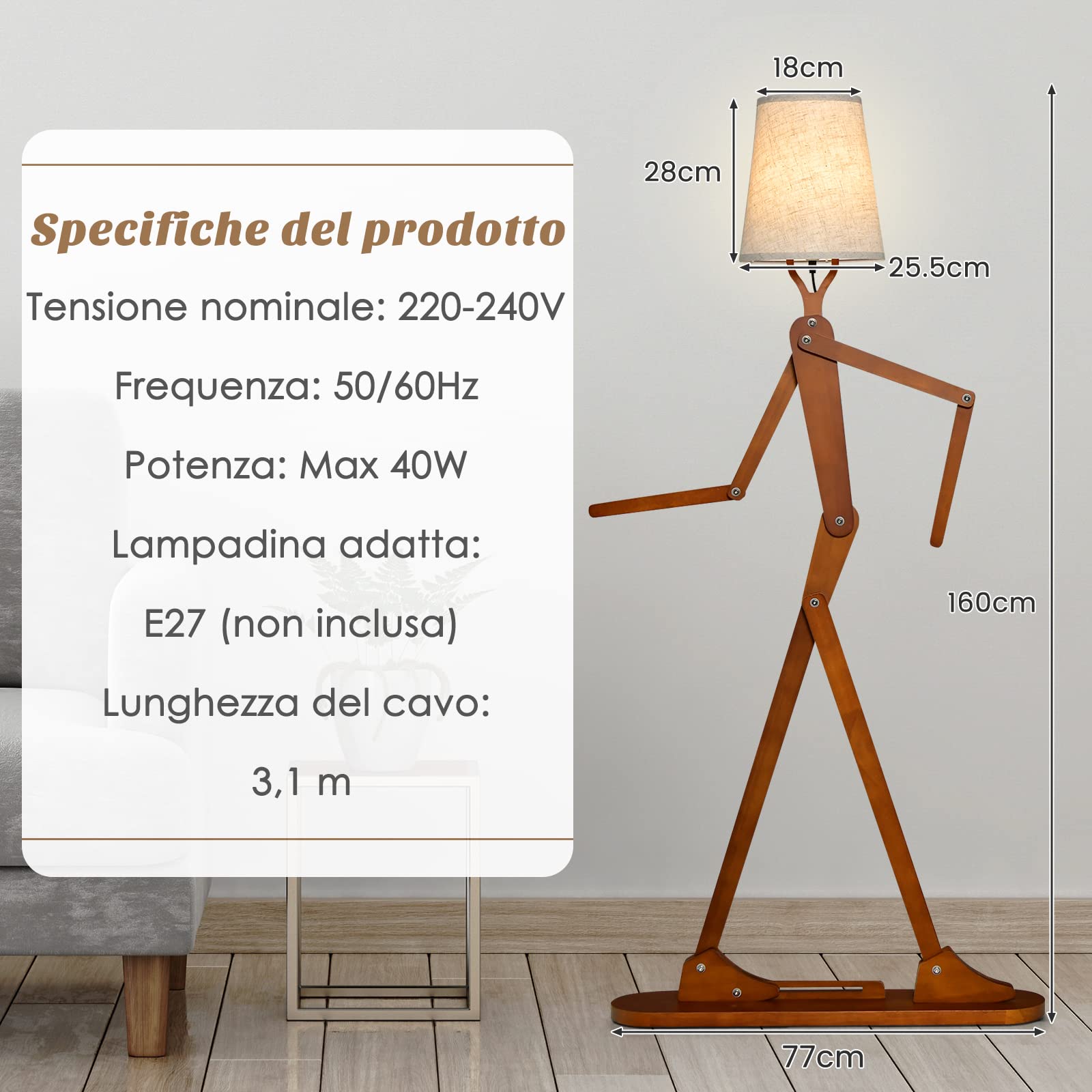 COSTWAY Lampada da Terra in Legno, Piantana Umanoide Decorativa ad Angolo con Articolazioni Regolabili, Paralume in Tessuto e Interruttore a Pedale, Lampa a Stelo da Salotto e Camera da Letto