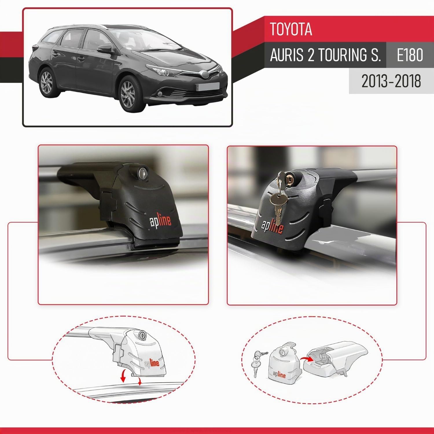 Compatible con Toyota Auris 2 (E180) Touring Sports 2013-2018 Modelo Ace-2 Barra de Techo Auto Portaequipajes Barras Transversales Gris Aluminio 2 Barras