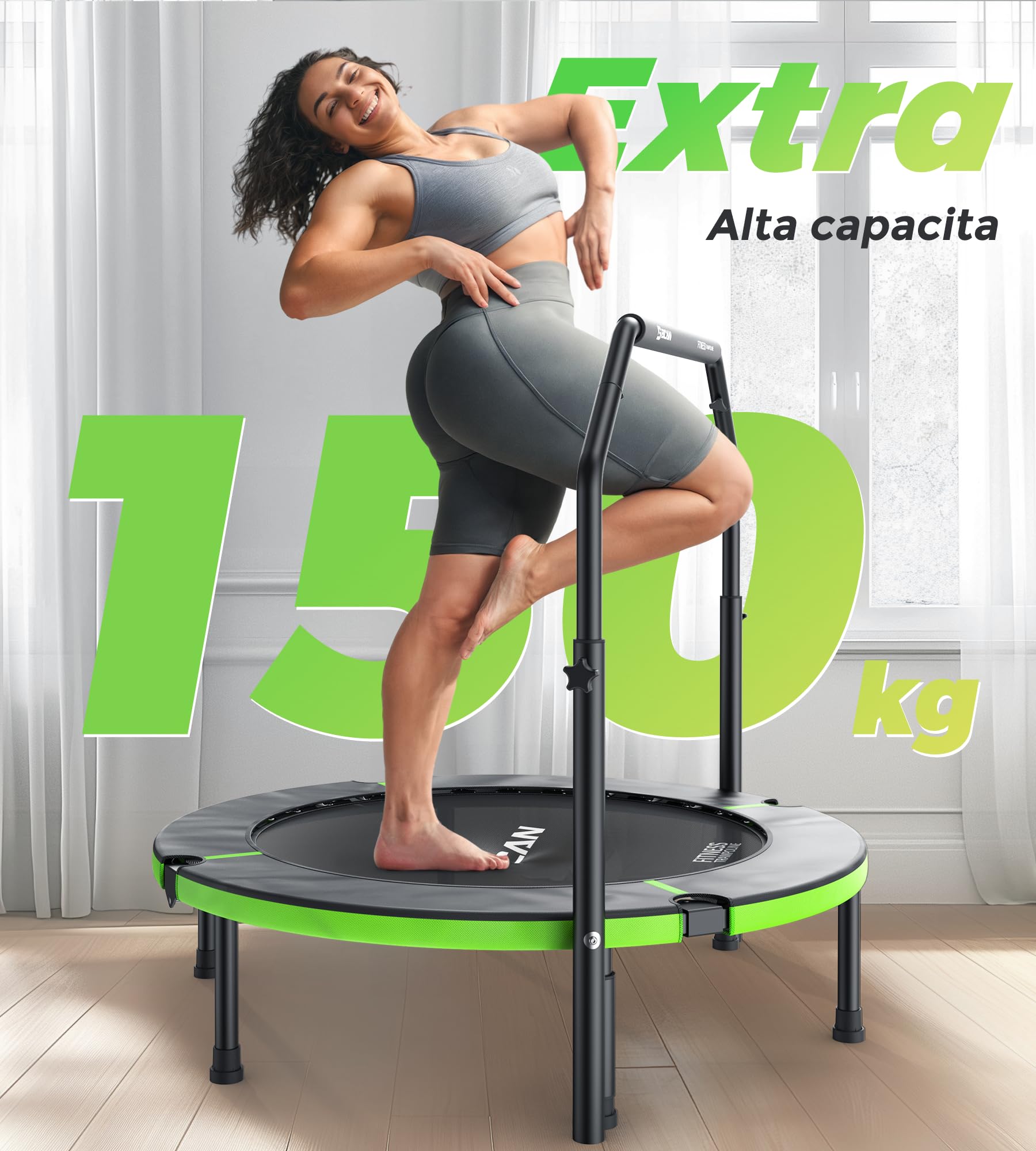 Trampolino da interno BCAN Fitness, diametro Ø 102/122 cm, mini trampolino elastico/a molla, adatto per adulti fino a 204/250 kg, con maniglie regolabili, silenzioso e a basse vibrazioni