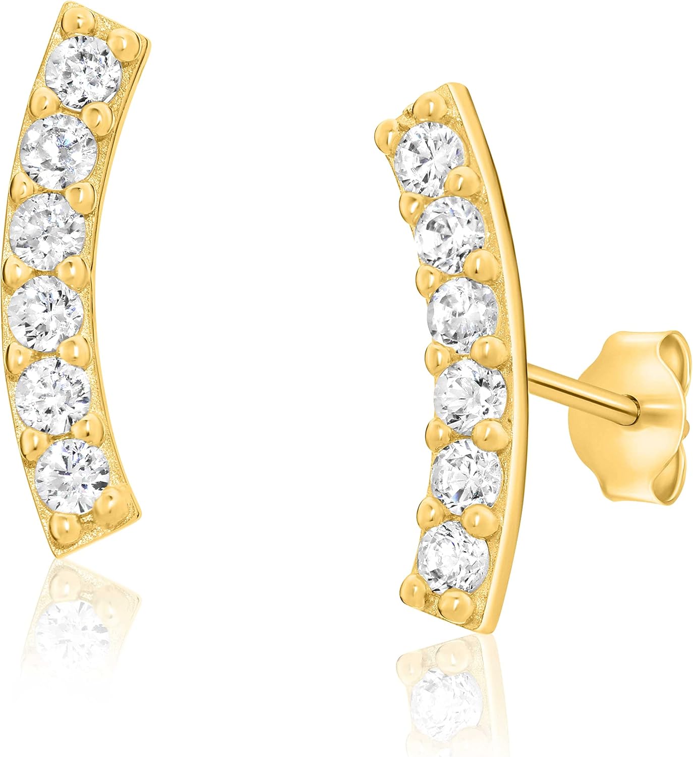 14K Yellow Gold Arched Bar Studs with Cubic Zirconia, Curved Bar Earrings for Women