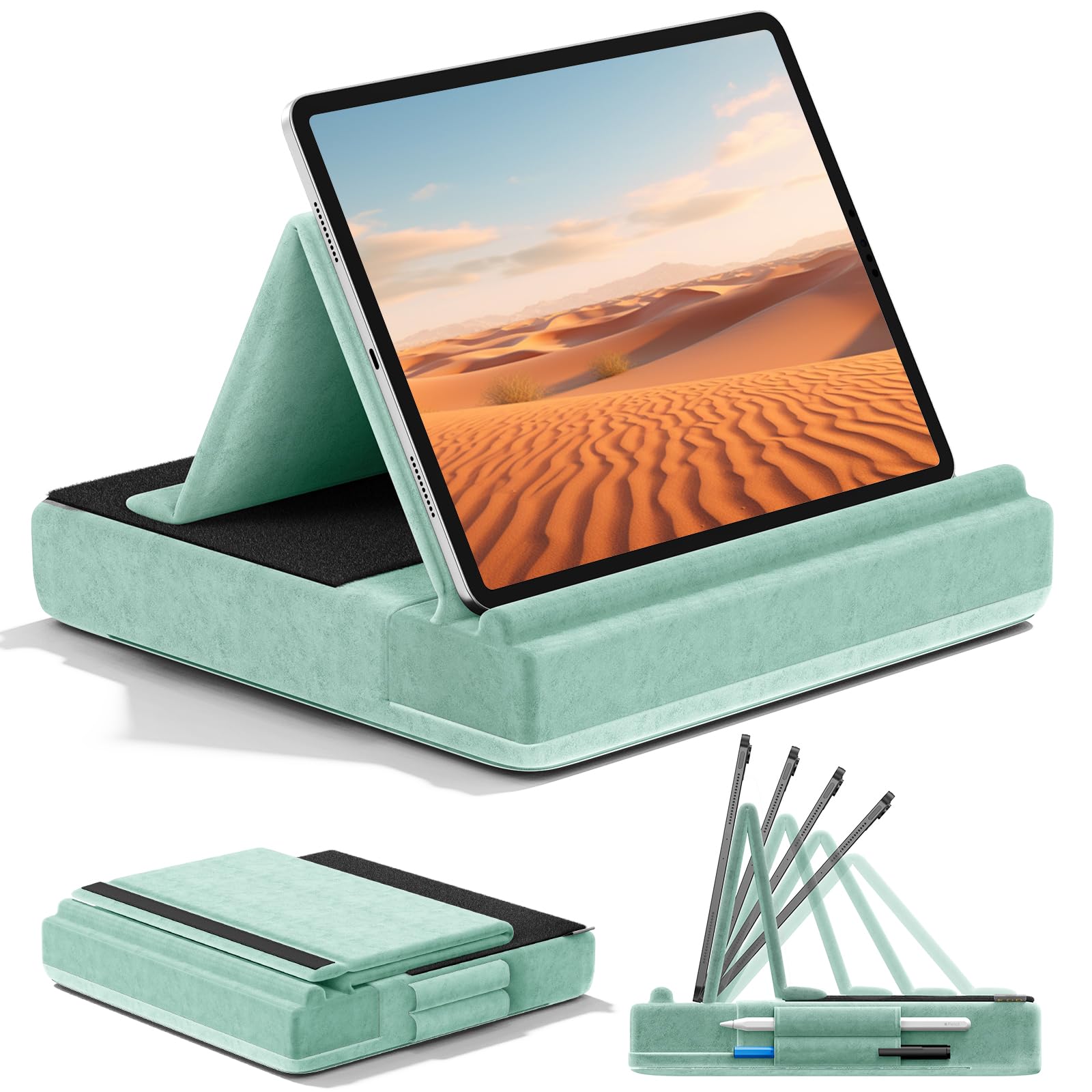 KDD Tablet Halter Kissen, Faltbarer Tablet Halterung Bett mit verstellbarem Winkel & Stiftehalter, Ipad Halterung Bett & Tablethalterungen für Schoß Ipad Pro 12.9 10.5 11 Air Mini Handy Bücher, Grün