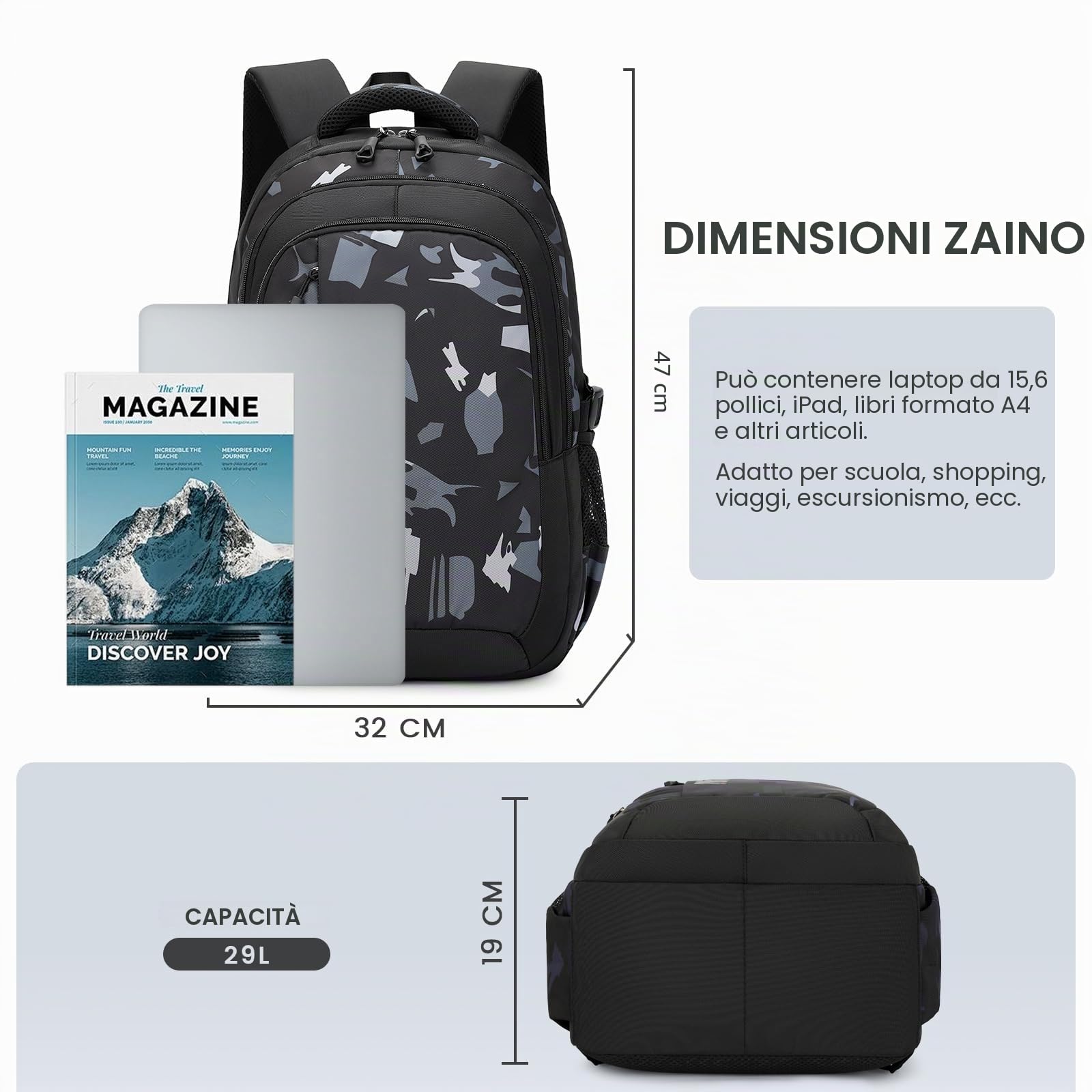 Amythe Zaino Scuola Media e Superiore Ragazzo, Adatto al Trolley, Nero | Zaini Casual Pc 15.6" Borsa Scuola per Studenti Bambino Adolescenti Uomo Idrorepellente Grande Leggero, Ritorno / Viaggio