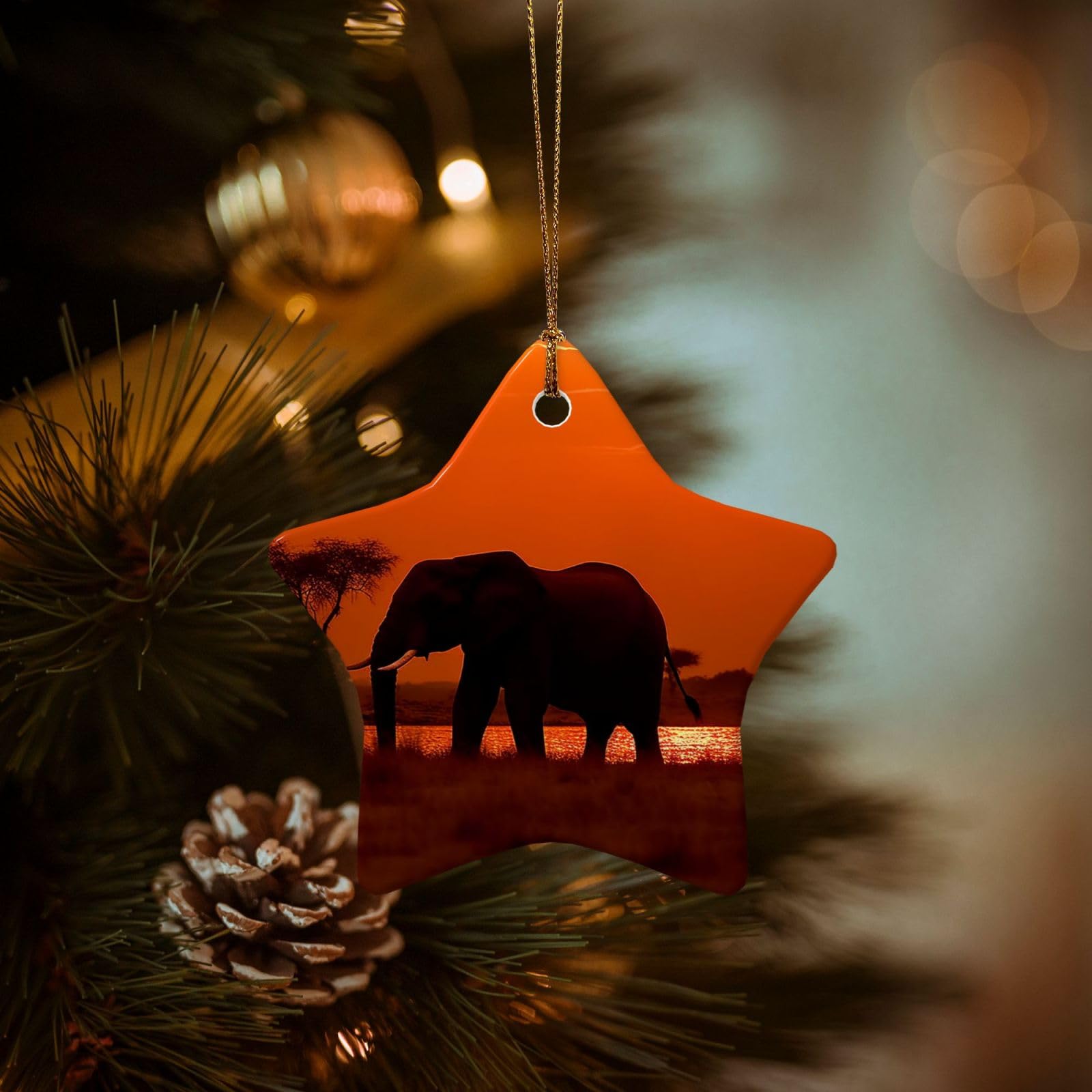 Christmas Ornaments for Christmas Tree Decoration Hanging Sunset African Elephant Ornament with Gold Ribbon Crafts Star Shape Ceramic Pendant for Keepsake Gifts Xmas Decor Party Supplies