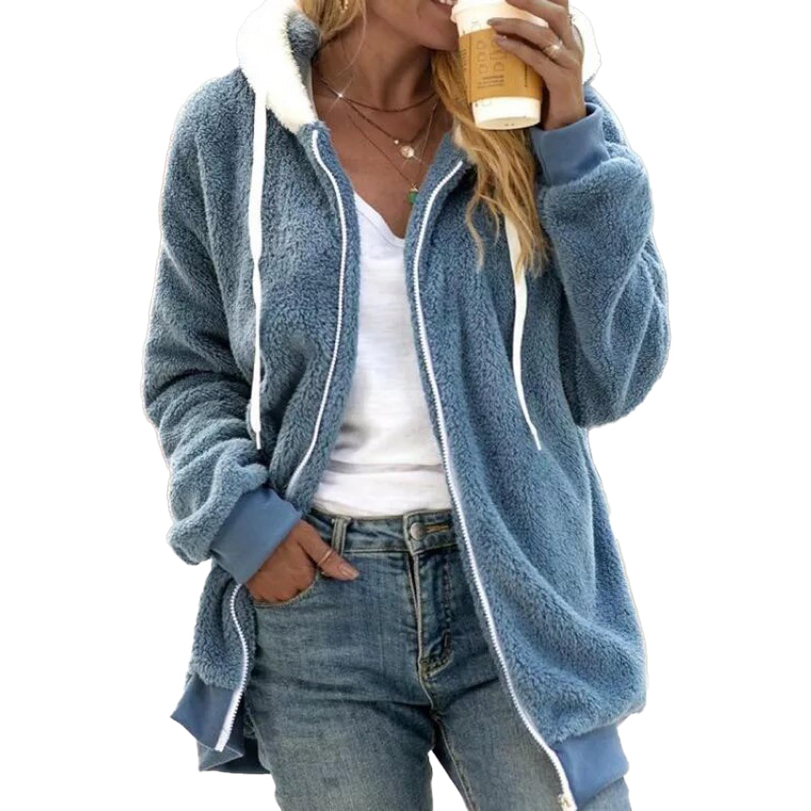 GXJIXf Winter Plush Coats for Women, Fleece Jackets, Warm Sherpa with Pockets (Blue,S)