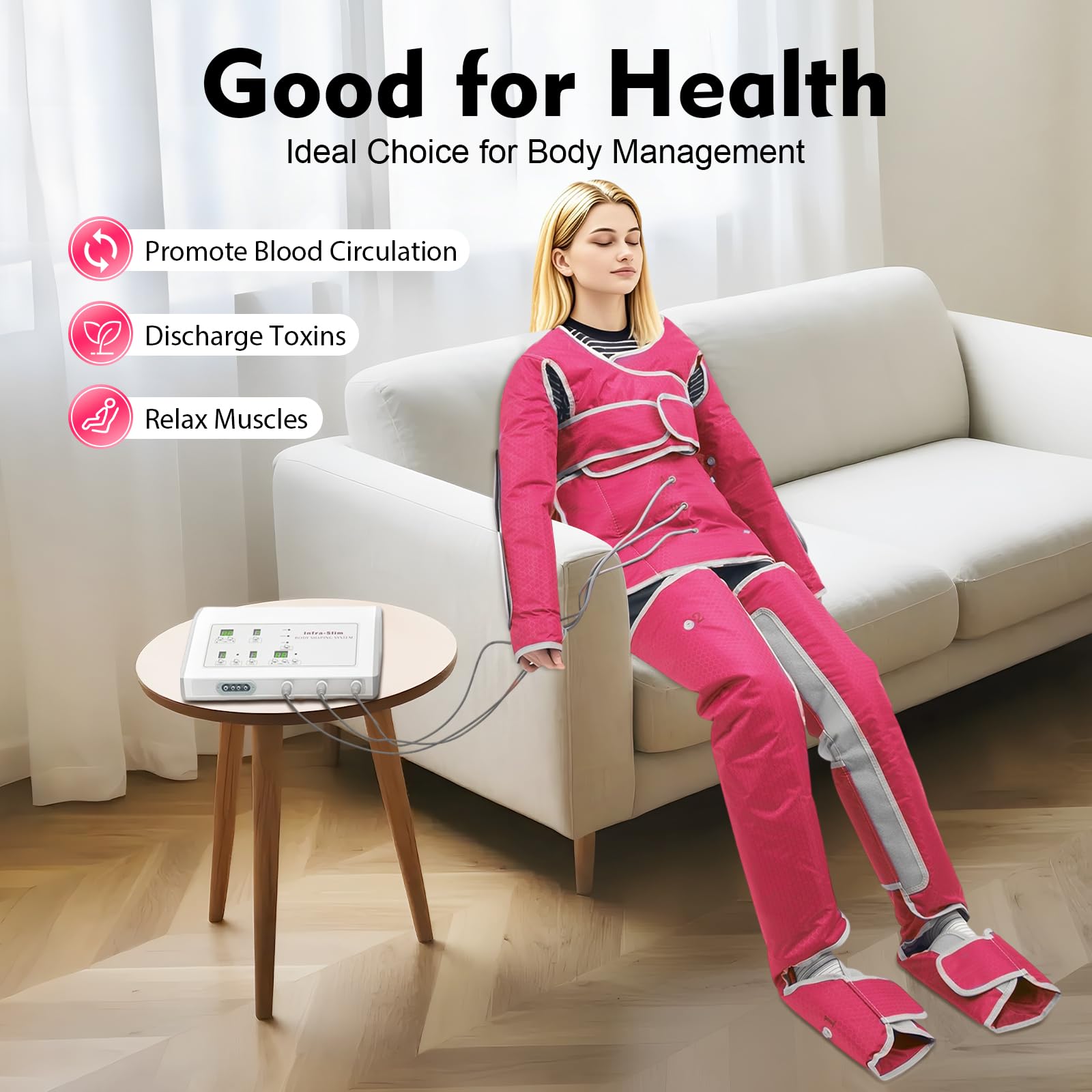 Lymphdrainage Gerät Ganzkörpermassagekostüm mit 7 Massageintensitätsstufen, Infrarotwärme und Luftdruckmassage, 35-80°C Warmhalten Rosa