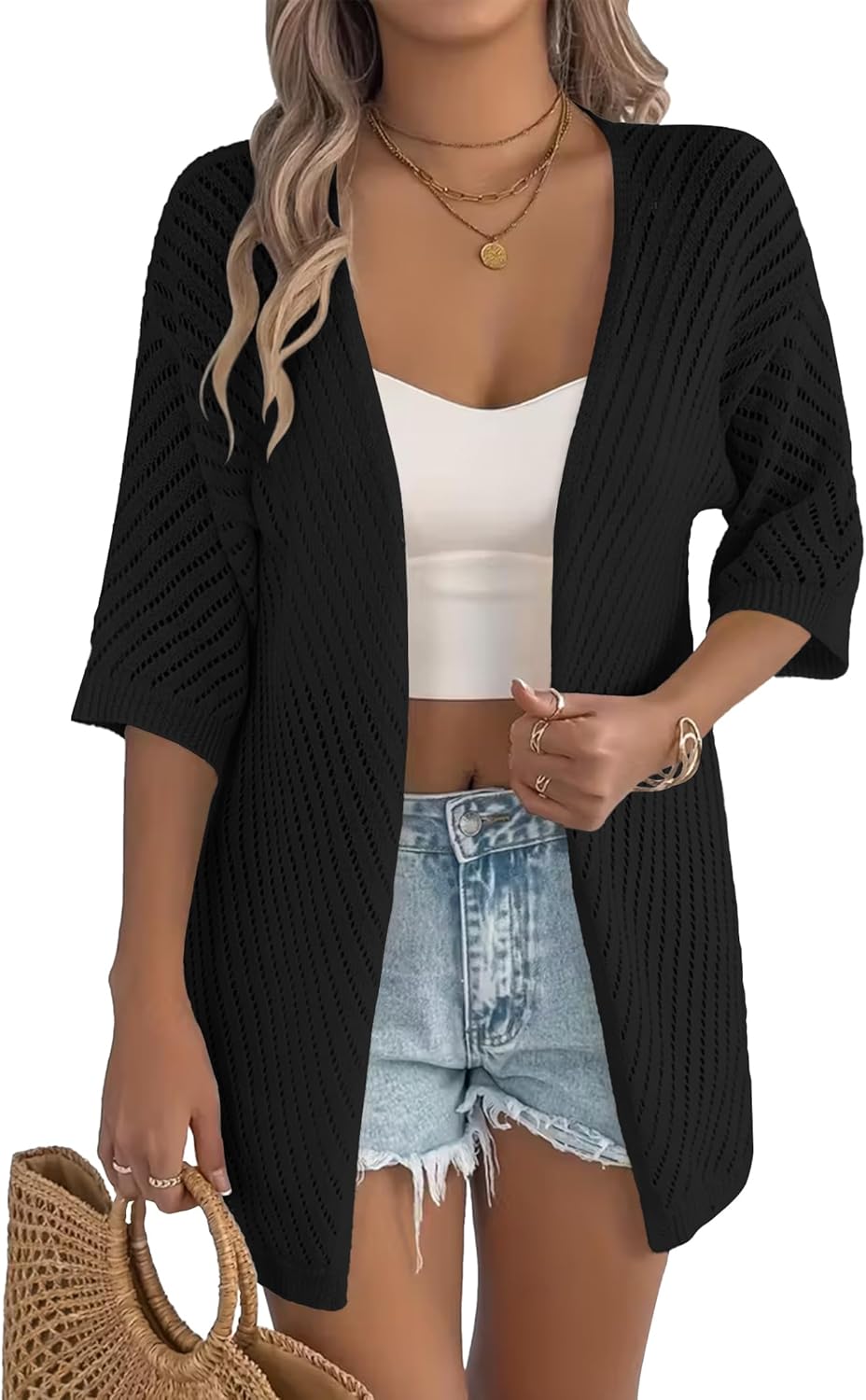 Zeagoo Lightweight Summer Cardigan for Women Short Sleeve V Neck Crochet Kimonos Loose Open Front Hollow Out Cover Ups