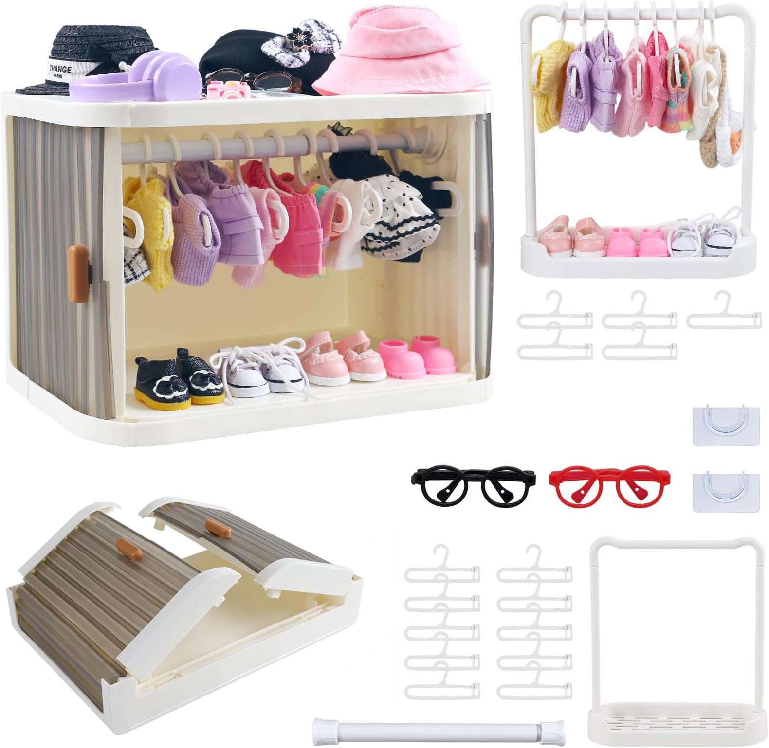 Doll Wardrobe Storage Box, Foldable Doll Closet Equipped with 15 Hangers, Two Pairs of Glasses, one Earphone, and a Pole for 15/17cm Doll Clothes Stackable Organizer Cabinet with Dust-Resistant Cover