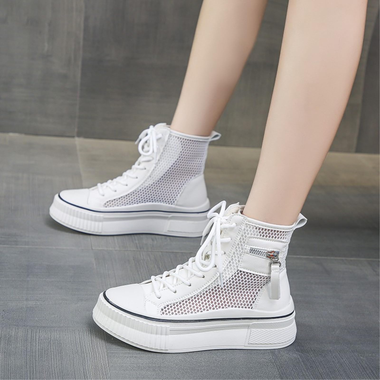LVJMJ Damen Mesh High Top Sneaker Boots Schnürschuhe & Reißverschluss