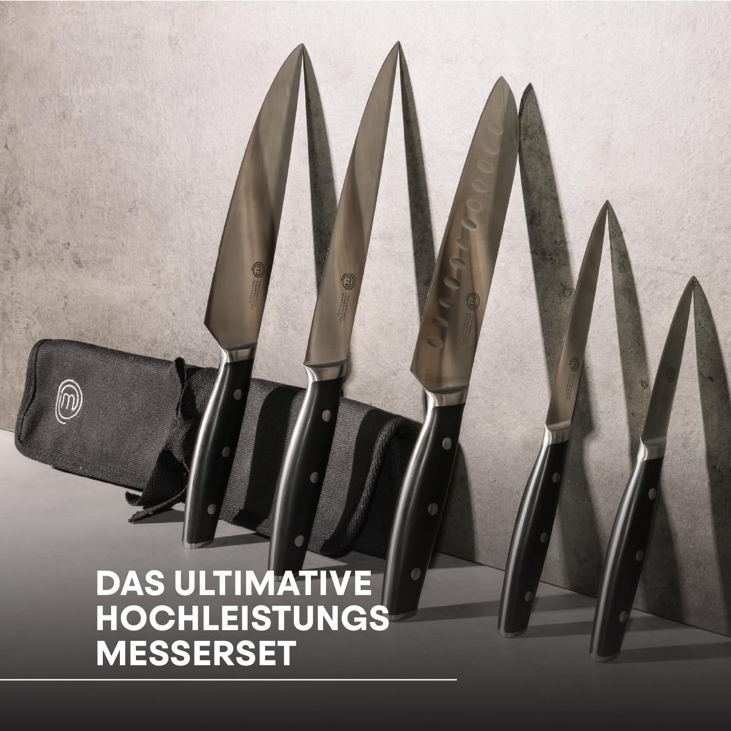 MasterChef Küchenmesser Set mit Kochmesser, Santoku Messer, Fleischmesser, Gemüsemesser, Allzweckmesser und Messertasche, Profi Messerset aus Rostfreiem Stahl mit Hohem Kohlenstoffgehalt, 6-teilig
