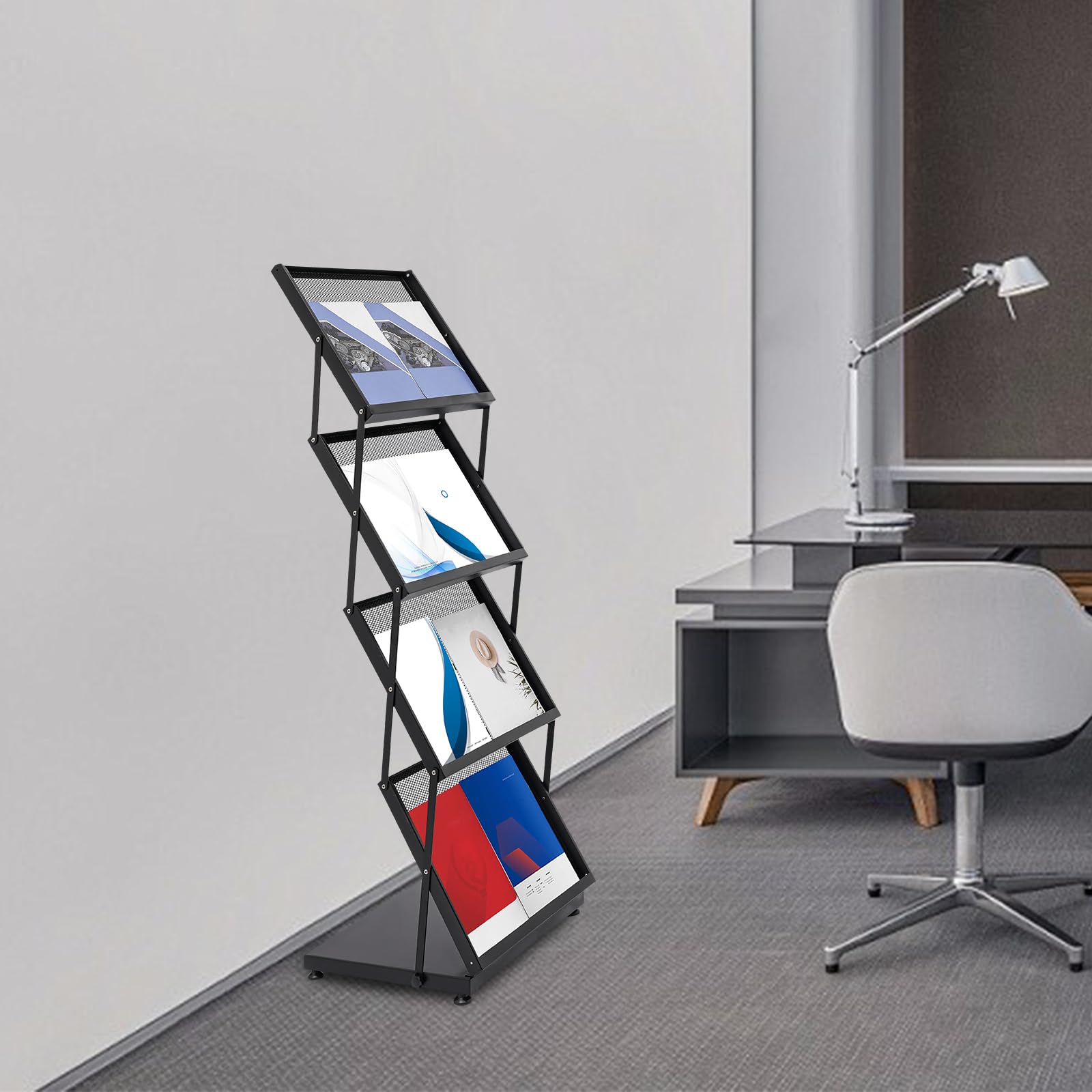Zeitschriftenständer Metall, 4 Etagen Prospektständer mit schrägem Design, Faltbarer Magazinhalter Ständer mit Schutzgeländern, A3 Zeitungsständer für Büro, Schule, Wartezimmer, Schwarz
