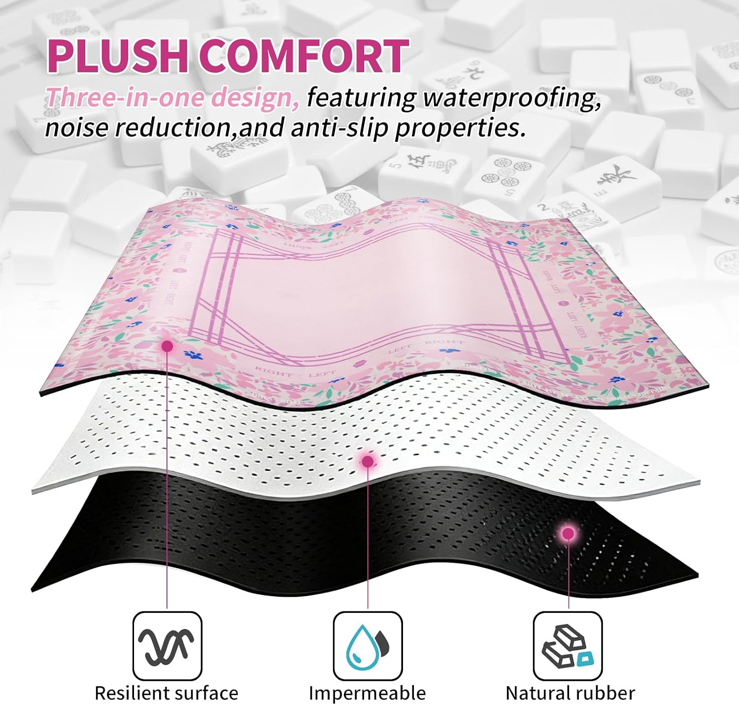 Pink Mahjong Rubber Mat Set, 32.6x32.6 Inches with 4 Playing Instructions, 2 Tile Mixers, 4 Line Finders, Anti-Slip, Silent, Waterproof and Foldable for Mahjong/Card Games/Board Games
