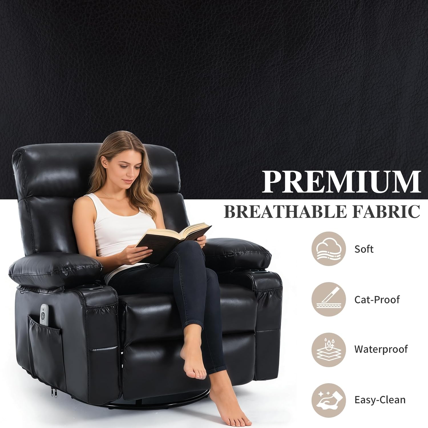 Rocker Recliner Chair with Heat and Massage, Wide Seat Heated Massaging Reclining Chair, Faux Leather Manual Swivel Rocking Recliners with Cup Holder, Black