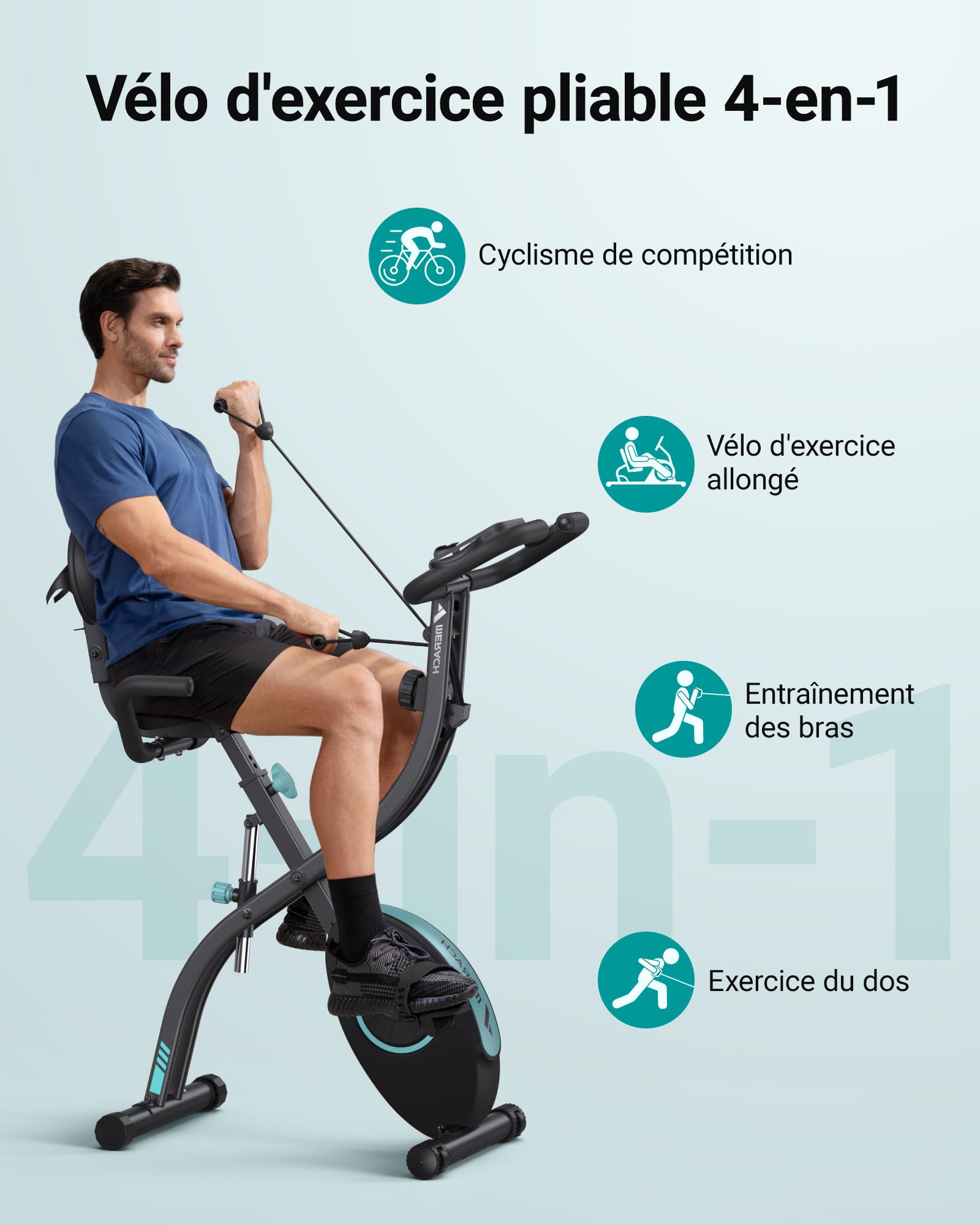 MERACH Velo D Appartement Silencieux avec App Entraînement, 4 en 1 Vélo D’Appartement Pliable avec Résistance Magnétique 16 Niveaux, Écran LCD, Mesure du Pouls, Bande de Résistance, Selle Confortable