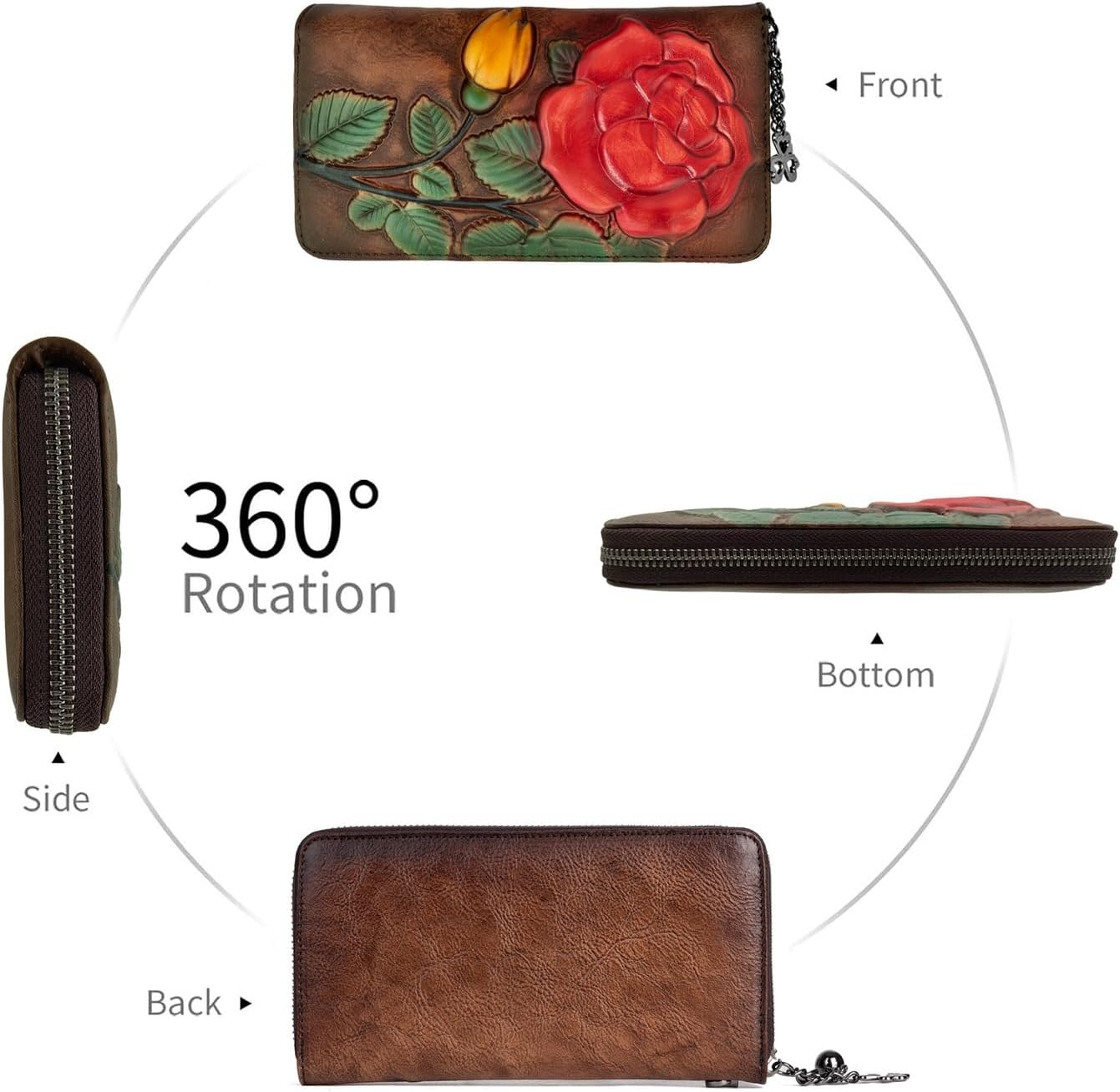 Wallet Genuine Leather for Women - with RFID Blocking Card checkbook ID Slot Large Capacity Vintage style (big rose coffee) - Image 5