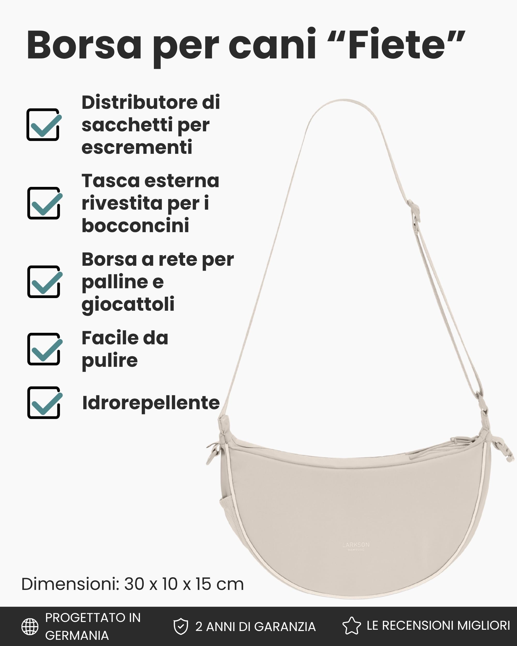 LARKSON Half Moon Bag Borsa per Cani Beige - Fiete - Sacchetti per Addestramento Cani - Tasca Porta Snack con Dispenser di Sacchetti per i Bisogni - Borsa Riflettente per Passeggiate - Idrorepellente