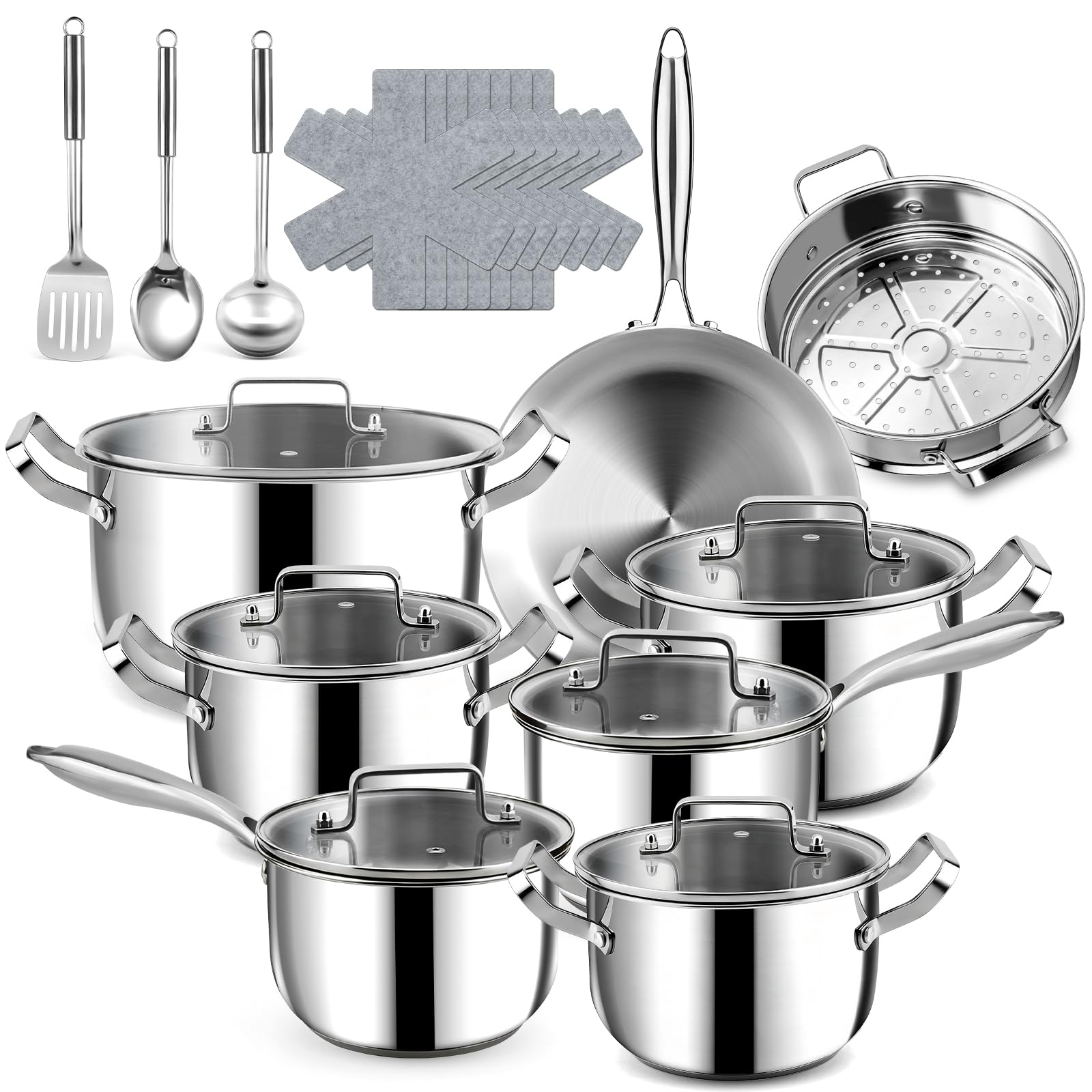 Fruikit 24P Stainless Steel Pots and Pans Set - 3 Ply 30 cm Frying pan- 18/20 cm Saucepans & 18/20/22/26 cm Casserole with Steamer - Suitable for All Hob Types