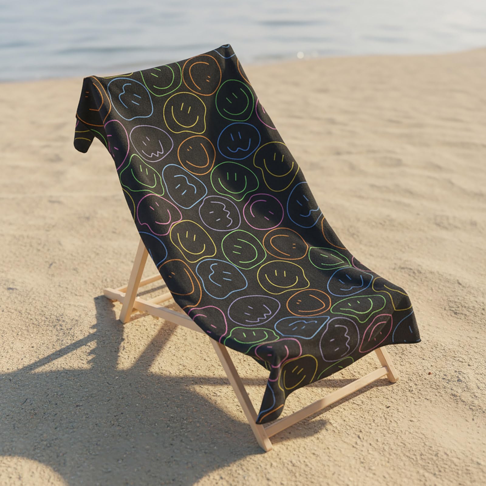 OHS Microfibre Beach Towel Neon Smile, Super Soft Quick Dry Sand Free Beach Towels for Adults Kids Large Lightweight Compact Pool Swim Summer Essentials Travel Towel, Black - 71 x 152cm
