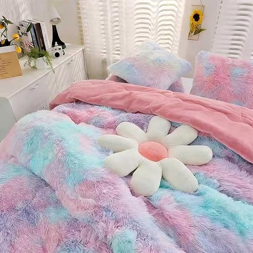 Juego de edredón de piel sintética para niños y niñas, color morado y arcoíris, tamaño individual/matrimonial, juego de cama de 3 piezas, cálido,