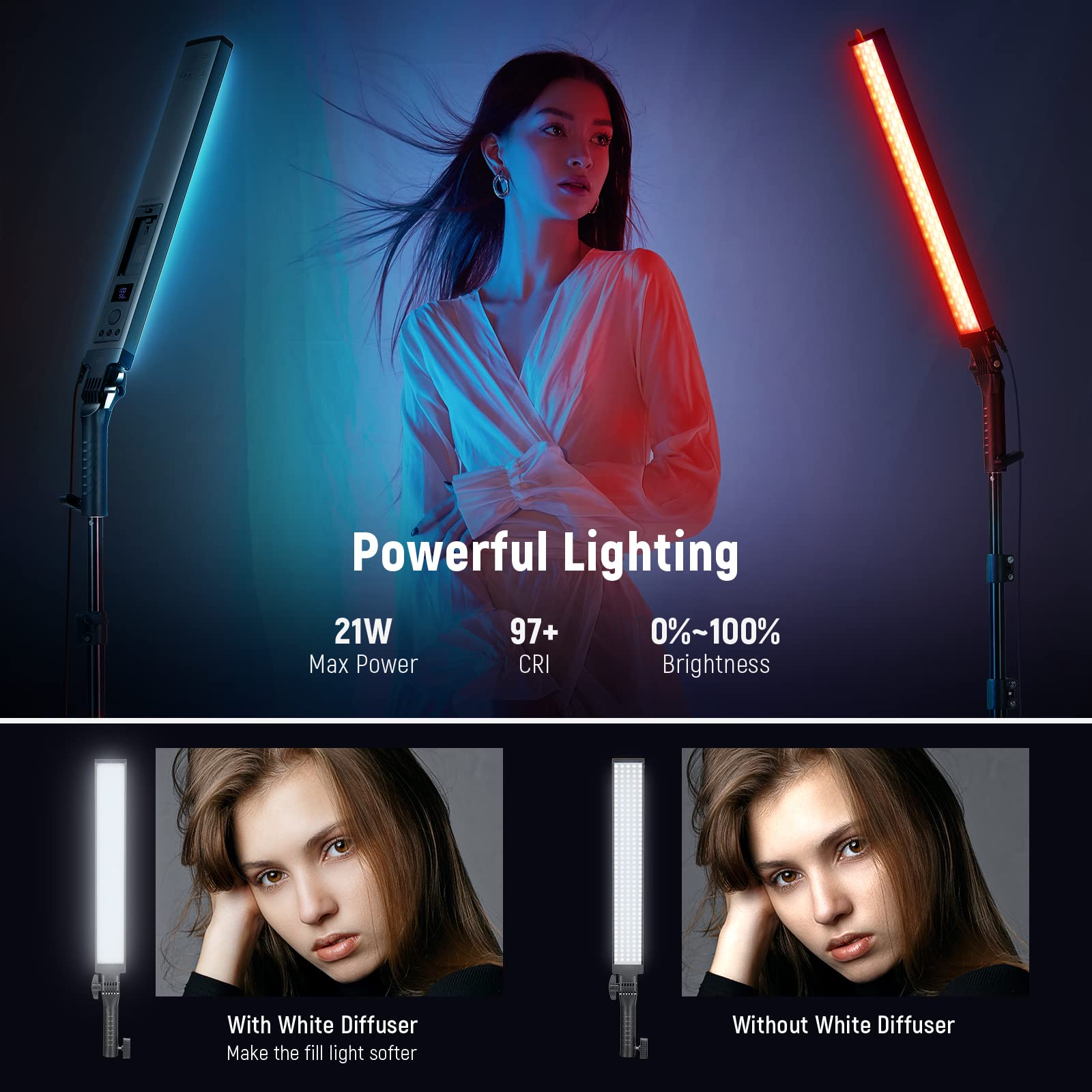 NEEWER Ulepszony pręt świetlny LED, pilot zdalnego sterowania 2,4 G, zestaw 2 szt., ręczne ściemnianie, 3200 K ~ 5600 K, CRI97+, oświetlenie ze stojakiem/filtrem/torbą, do filmów YouTube, zdjęć, gier,