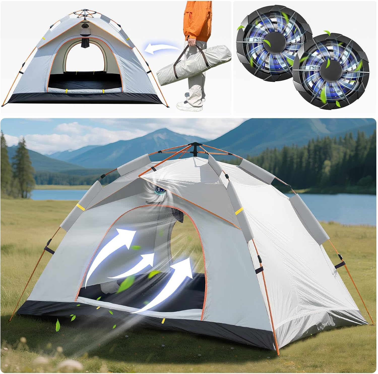 Instant Pop Up Tent for Camping - 2-3 Person Waterproof Tent with Air Circulation Fan, UPF 50+ Sun Protection, 60-Second Setup for Family and Backpacking