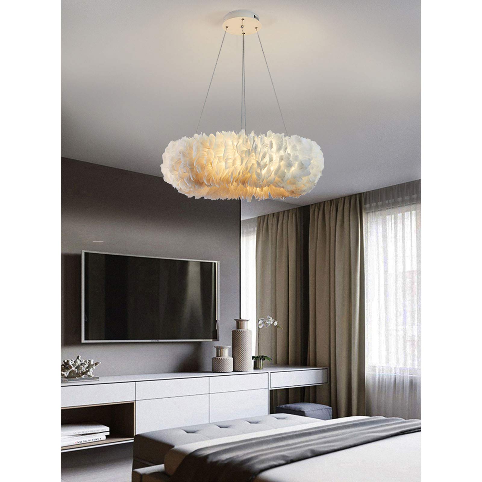 CSXSXAUO Rings Feather Chandelier Ceiling Pendant Light Fixture,Romantic Simple Dimmable Lamp for Girls Kids Couples-White 19.7" Commemoration Day vision
