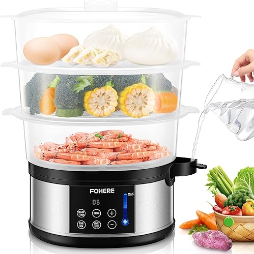 FOHERE Vaporizador de alimentos para cocinar, vaporizador de verduras de 13.7 cuartos de galón con cestas apilables de 3 niveles sin BPA, olla de