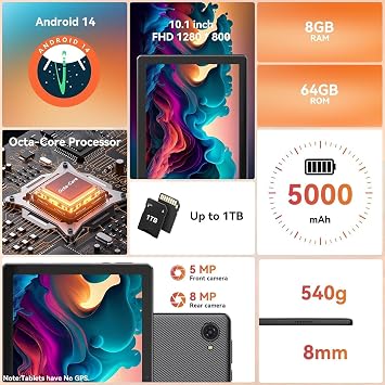 URAO Tablet,10.1 Android Tablet with Octa-core Processor 8GB RAM 64GB ROM HD IPS Touchscreen 8H Battery, Wi-Fi 6, BT 5.0, Dual Camera, Android Tablets