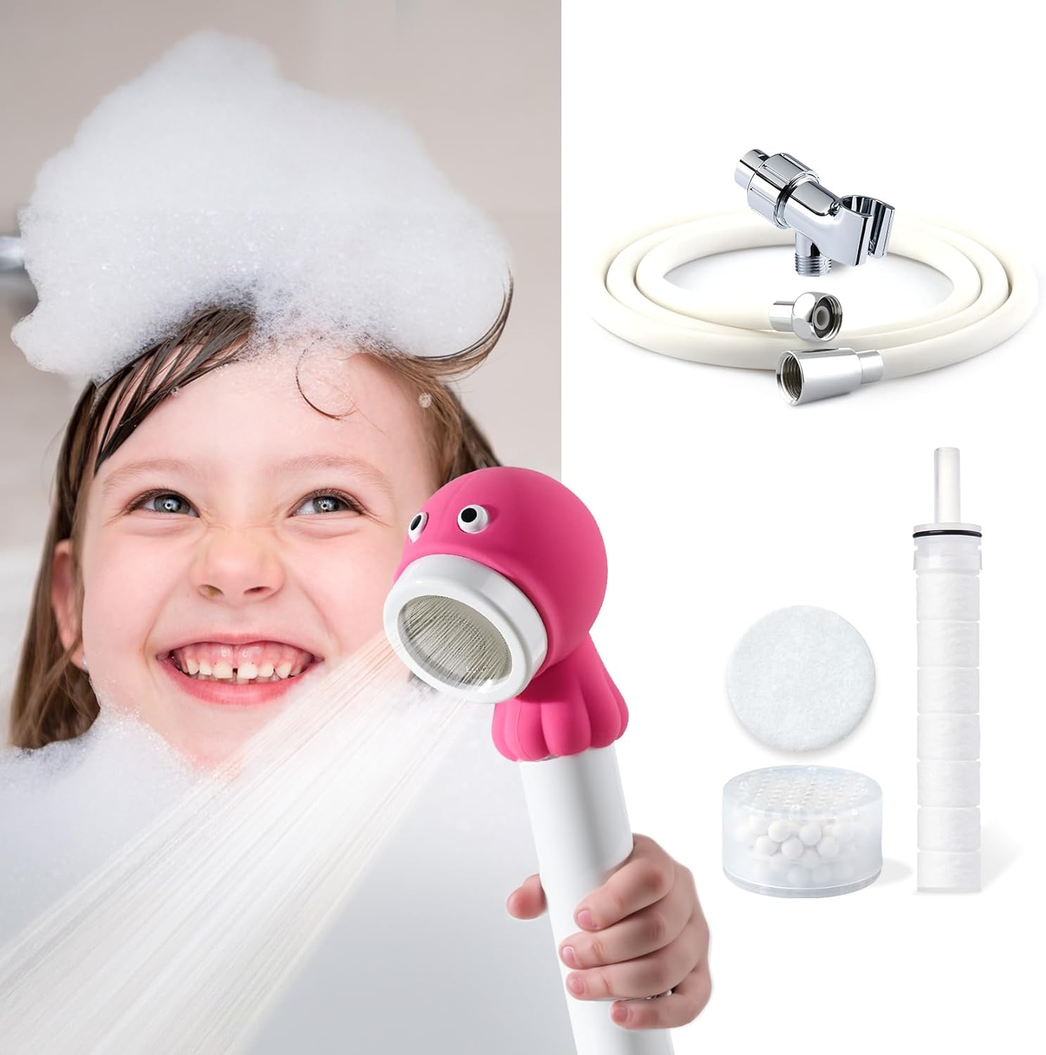 Barumi Livo Handheld Filtered Showerhead for Kids with PVC Hose & Shower Head Holder - Octopus/Pink