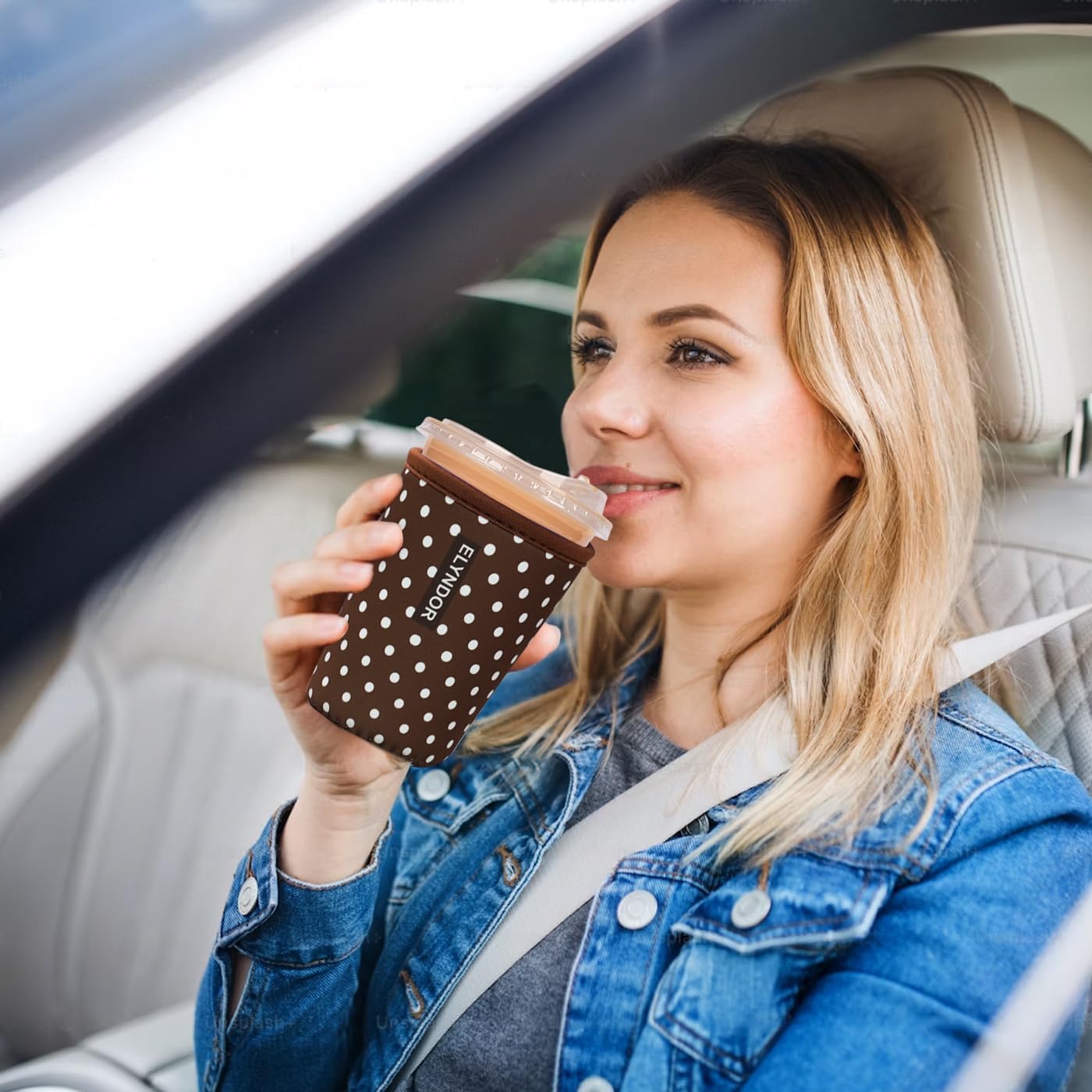 Reusable Insulated Sleeve for Iced Coffee Cup, 3-Pack Coffee Neoprene Drink Sleeve for Cold & Hot Drinks, Beverage Holder for Iced Coffee (Brown Polka Dots)