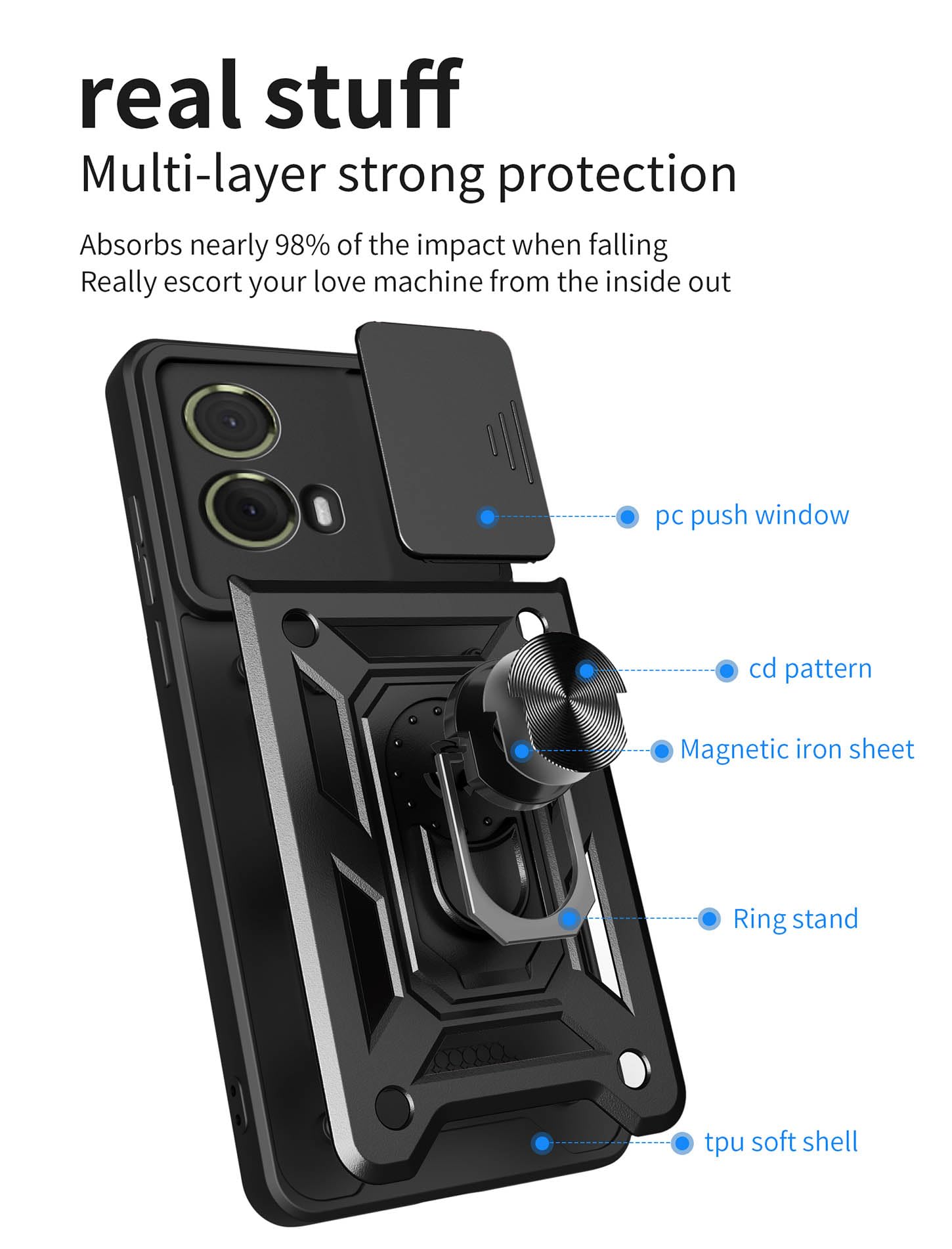 Custodia ILING Per Motorola Moto G85 5G – Cover Rigida Opaca Con Anello Supporto E Copriobiettivo Scorrevole, Nero