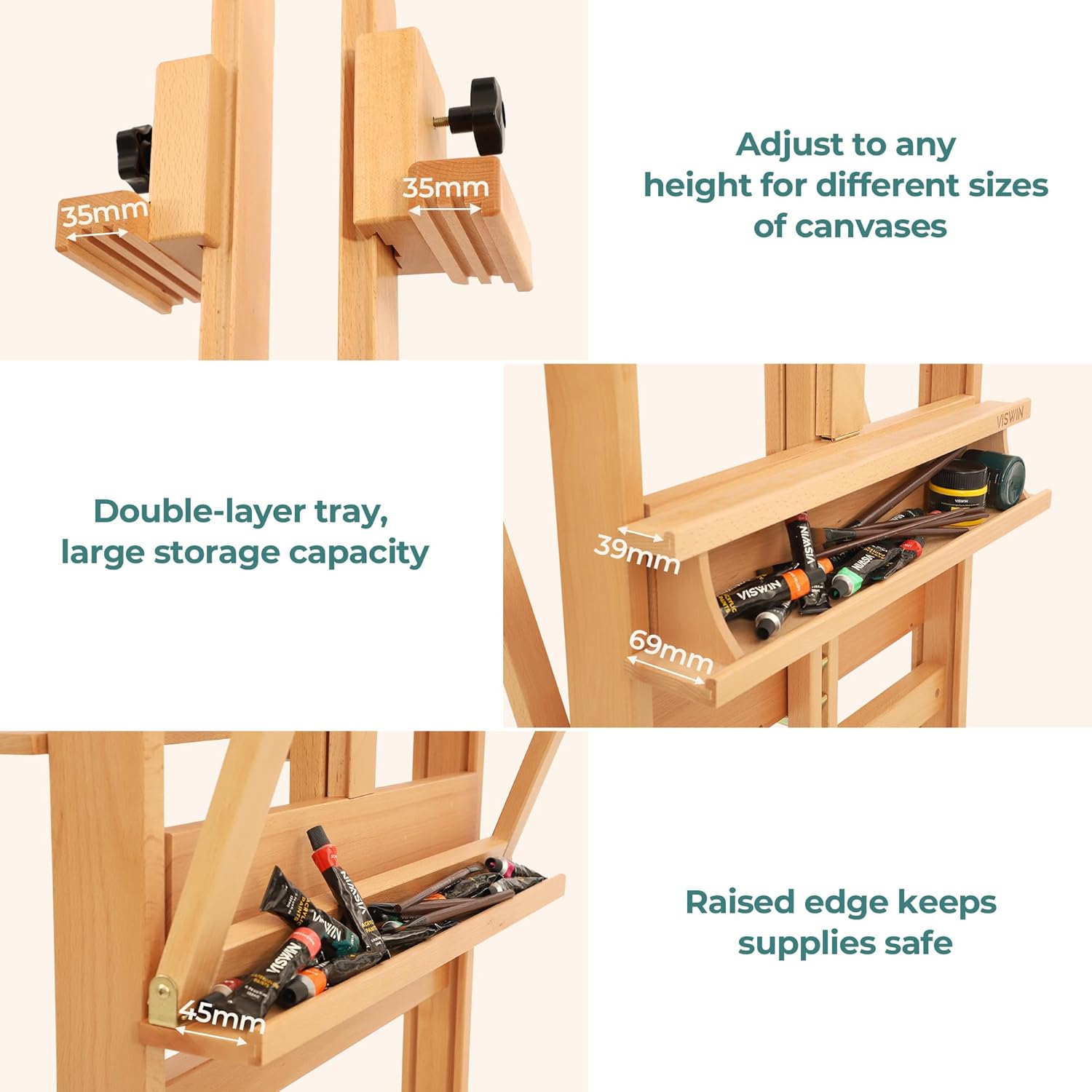 VISWIN Double-Sided Easel & Drafting Table, Hold 1 or 2 Canvas, Solid Beech Wood Artist Easel for Painting Canvas, Adjustable H Frame Easel with Tray & Wheels, Art Easel Stand for Adults, Artists