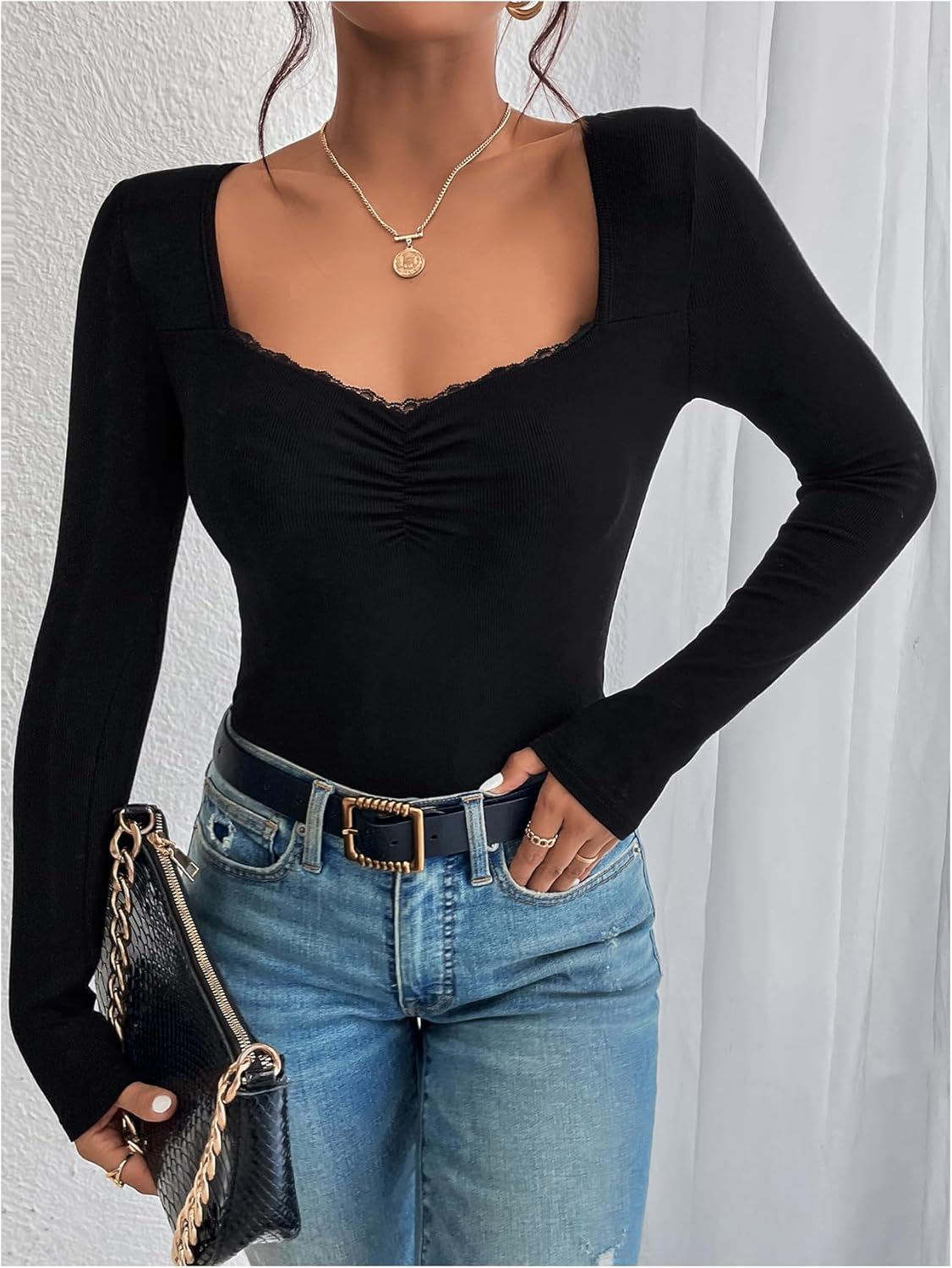 WDIRARA Women's Sweetheart Neck Long Sleeve Bodysuit Ruched Leotard Body Suit - Image 5