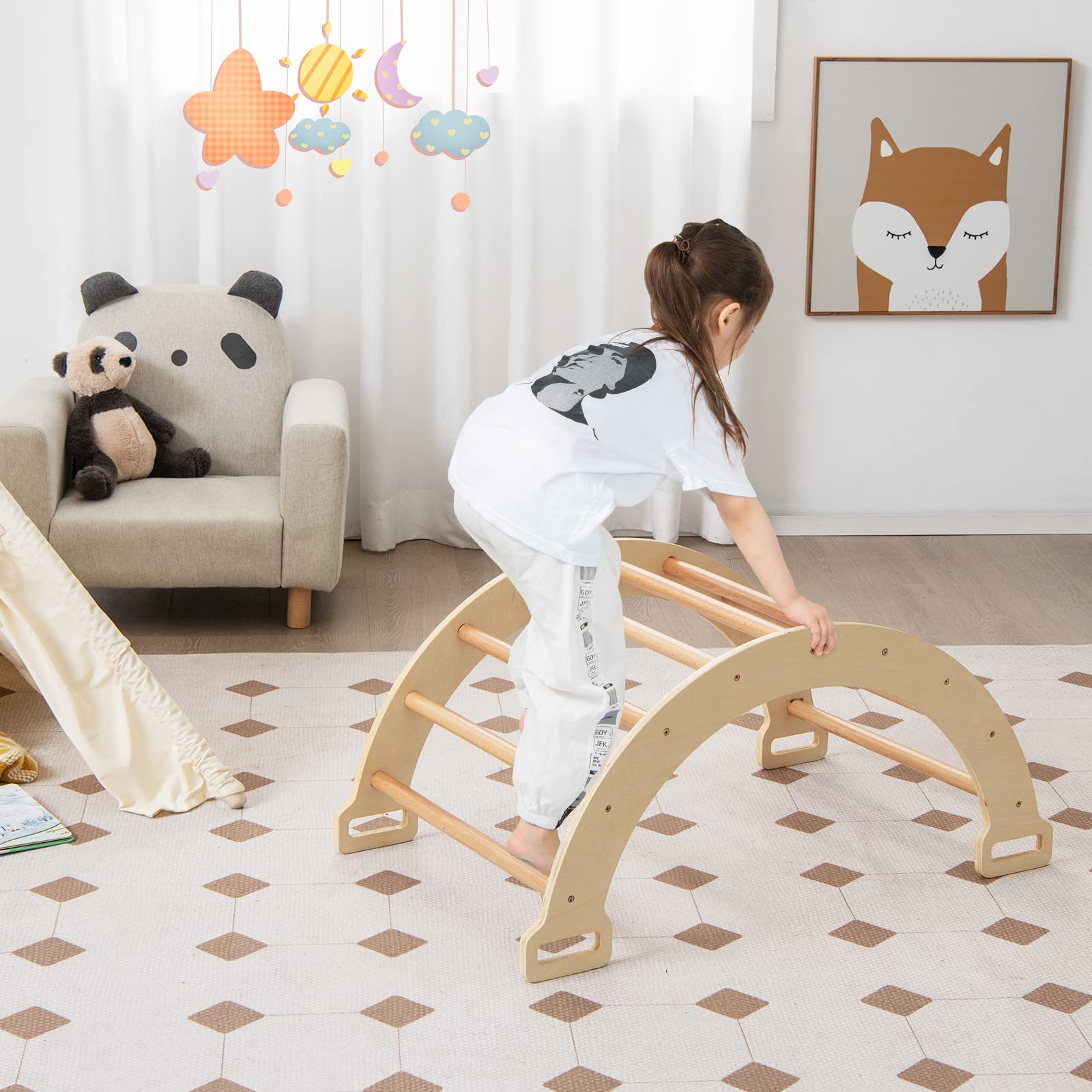 HOMASIS Kletterbogen mit Kissen, Holz Klettergerüst Indoor, Montessori Holzwippe Bogenwippe zum Wippen & Klettern, Picklerdreick Baby, Kletterdreieck Klettergeräte für Kinder ab 3 Jahre (Natur)