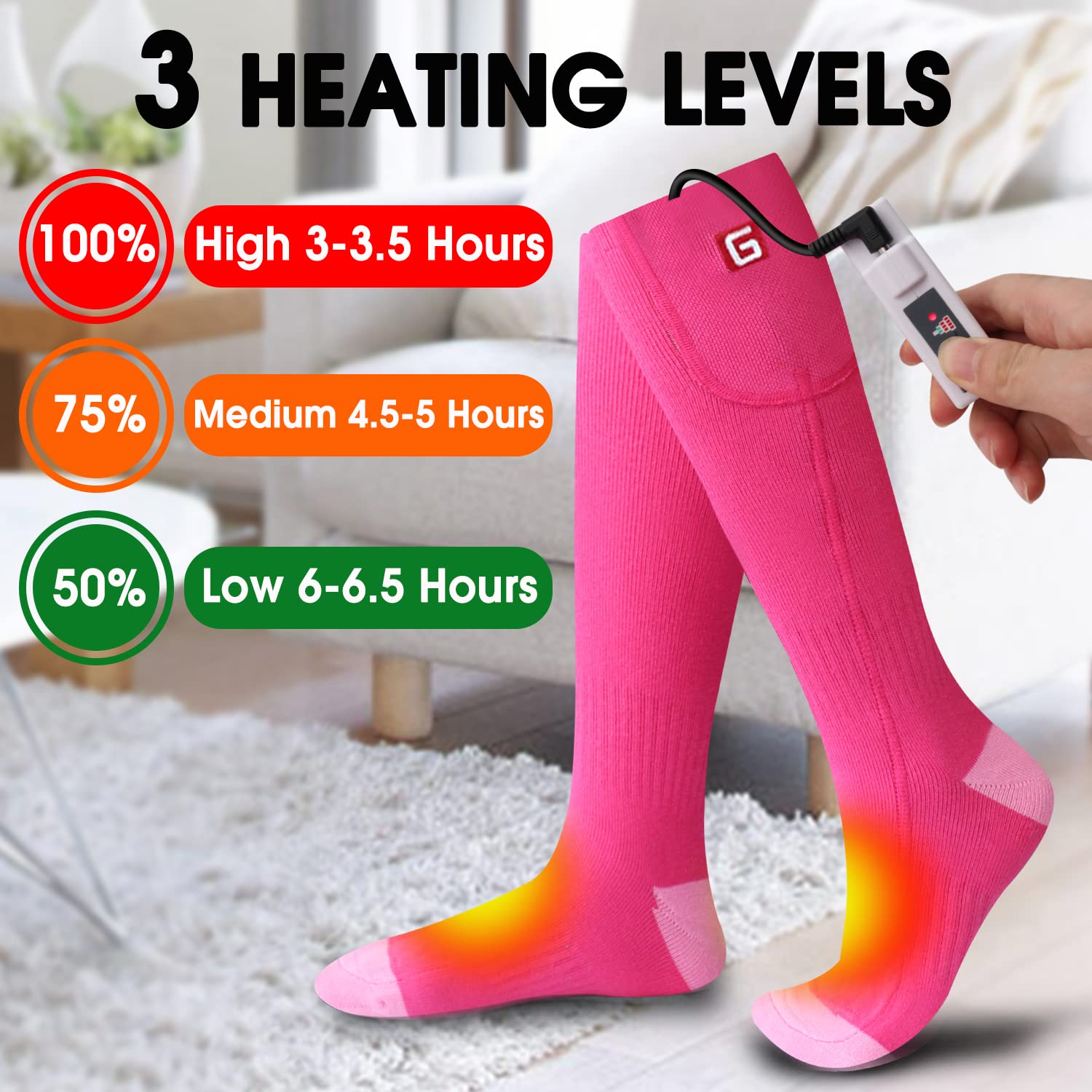Rabbitroom Electric Rechargeable Heated Socks for Women, Youth, Teenagers - Foot Warmer for Skiing, Hunting, Running, Hiking - Winter Socks (Pink)