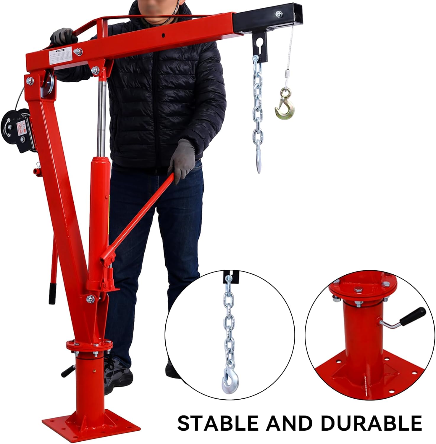2000 lbs Folding Truck Crane with Hydraulic Winch, Heavy Duty Pickup Truck Bed Engine Hoist Jib Crane Truck Mounted Crane for Lifting Goods in Construction, Forestry, Factory, Red