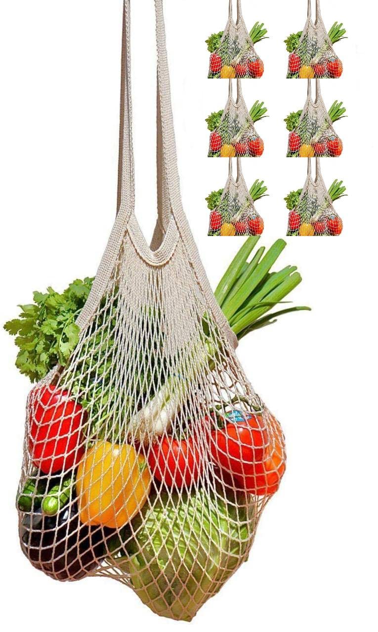 Reusable String Shopping Bags Produce Bags | Chorsu Canvas Organizer Washable Mesh Tote Bag | Beige Color Long Handle 6 Pieces