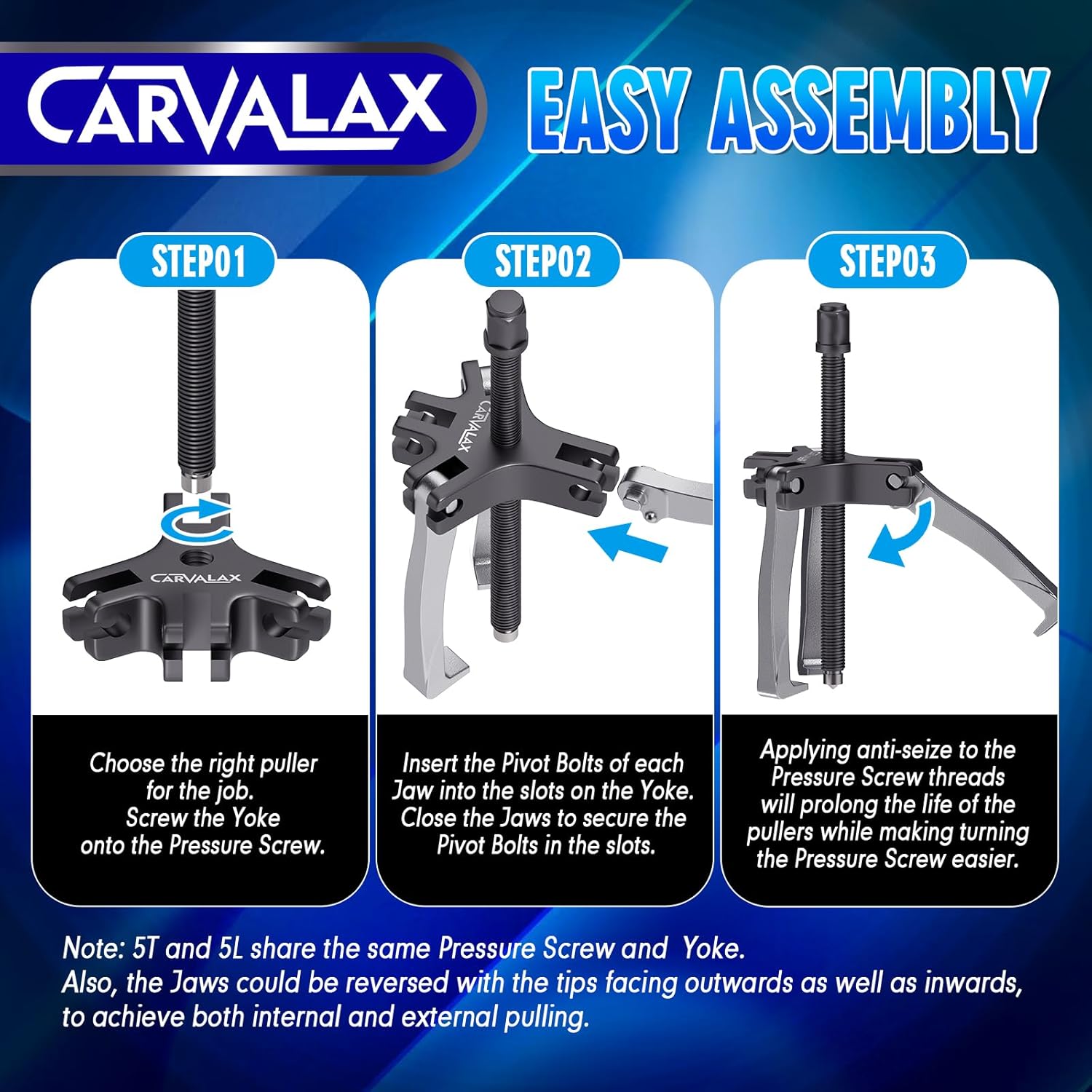 Gear Puller Set, 2T 5T and 5T Wide-Spread - Heavy Duty CR-V Steel 2 & 3 Reversible Jaw Bearing/Pulley Puller – Professional Automotive & Industrial Tool Kit for Mechanics, DIYers