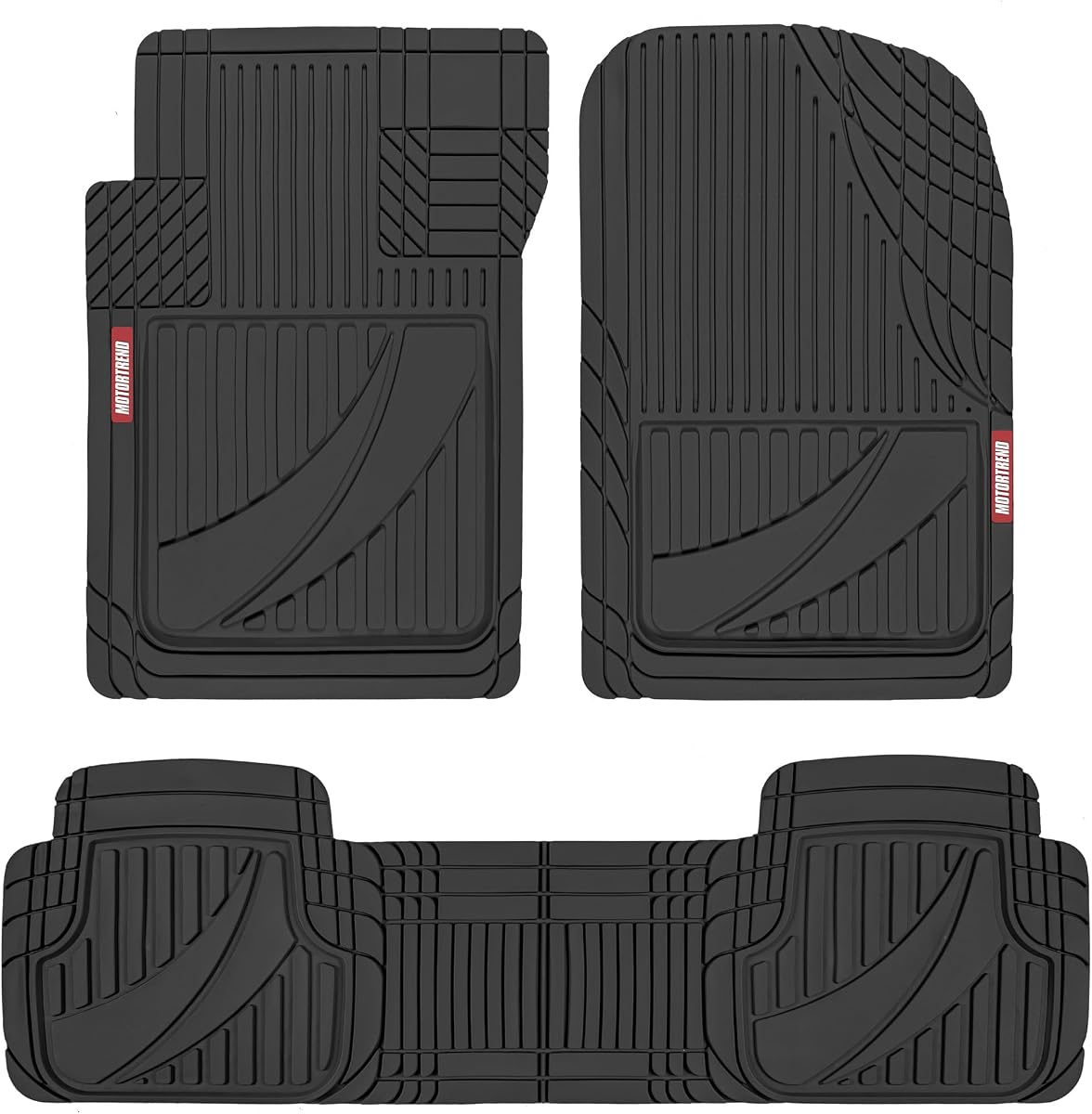 Motor Trend FlexTough™ Alfombrillas avanzadas de caucho negro para el piso del automóvil - Adornos resistentes para adaptarse a alfombrillas para todo tipo de clima para automóviles, camiones, SUV - Protección del revestimiento interior del piso del automóvil - Ajuste universal