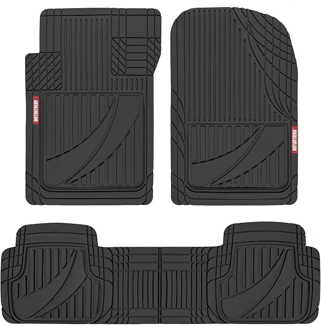 Motor Trend FlexTough Tapis de plancher en caoutchouc noir avancé – 3 Coupe de pièce pour les tapis de sol pour les voitures camion SUV, Liners Automotive tout temps avec poignées de traction et lignes de trim multiples