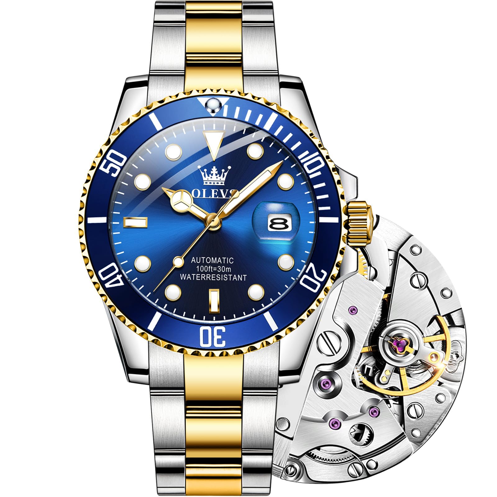 Photo 1 of OLEVS Watch Men Automatic Watches for Men Blue Dial Stainless Steel Watch Silver Gold Tone Waterproof Mens Self Winding Watches Relojes para Hombres