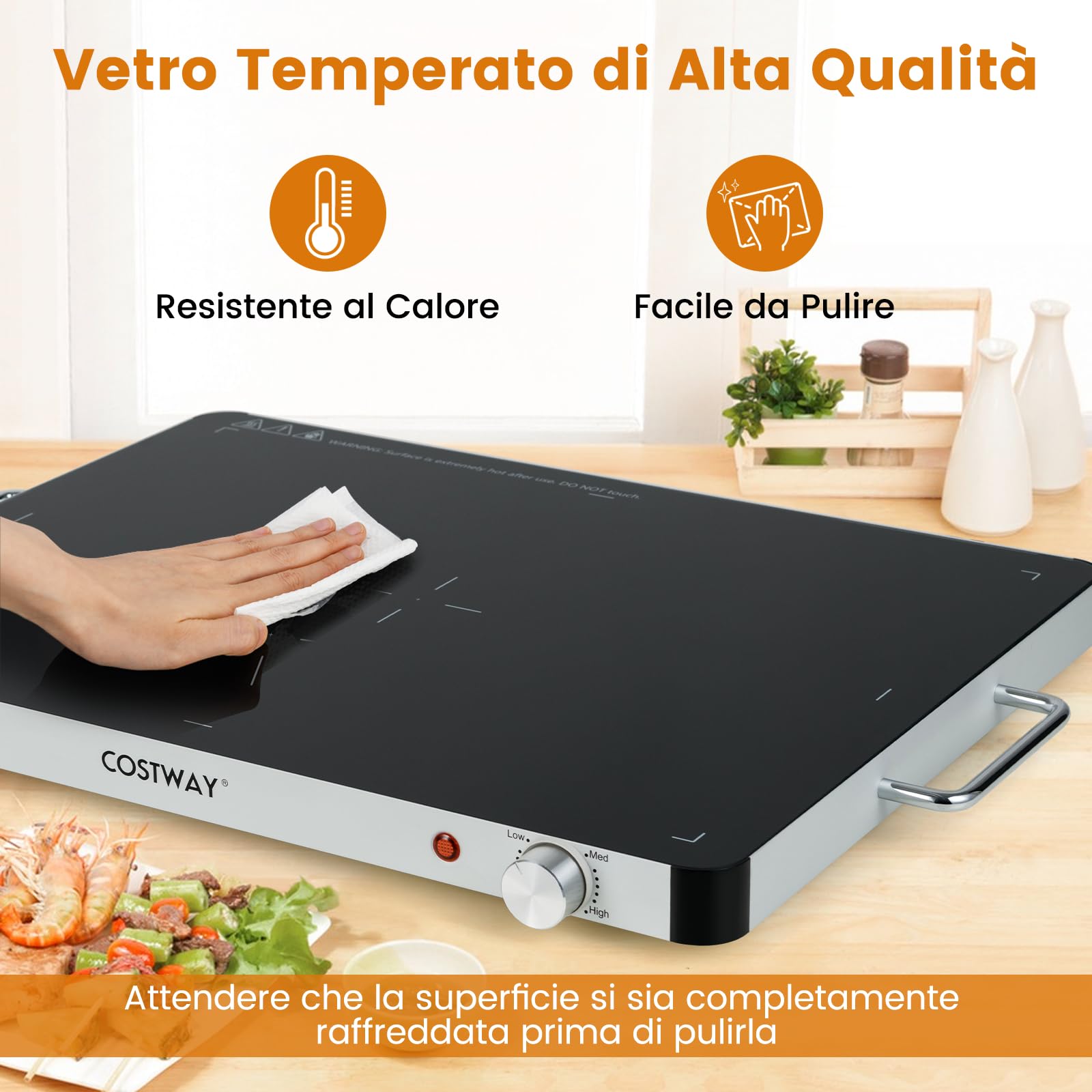 COSTWAY Vassoio Riscaldante Elettrico, Piatto Scaldavivande Portatile in Vetro Temperato con Temperatura Regolabile e Maniglie Antiustioni, per Feste Buffet (53 x 40 cm)