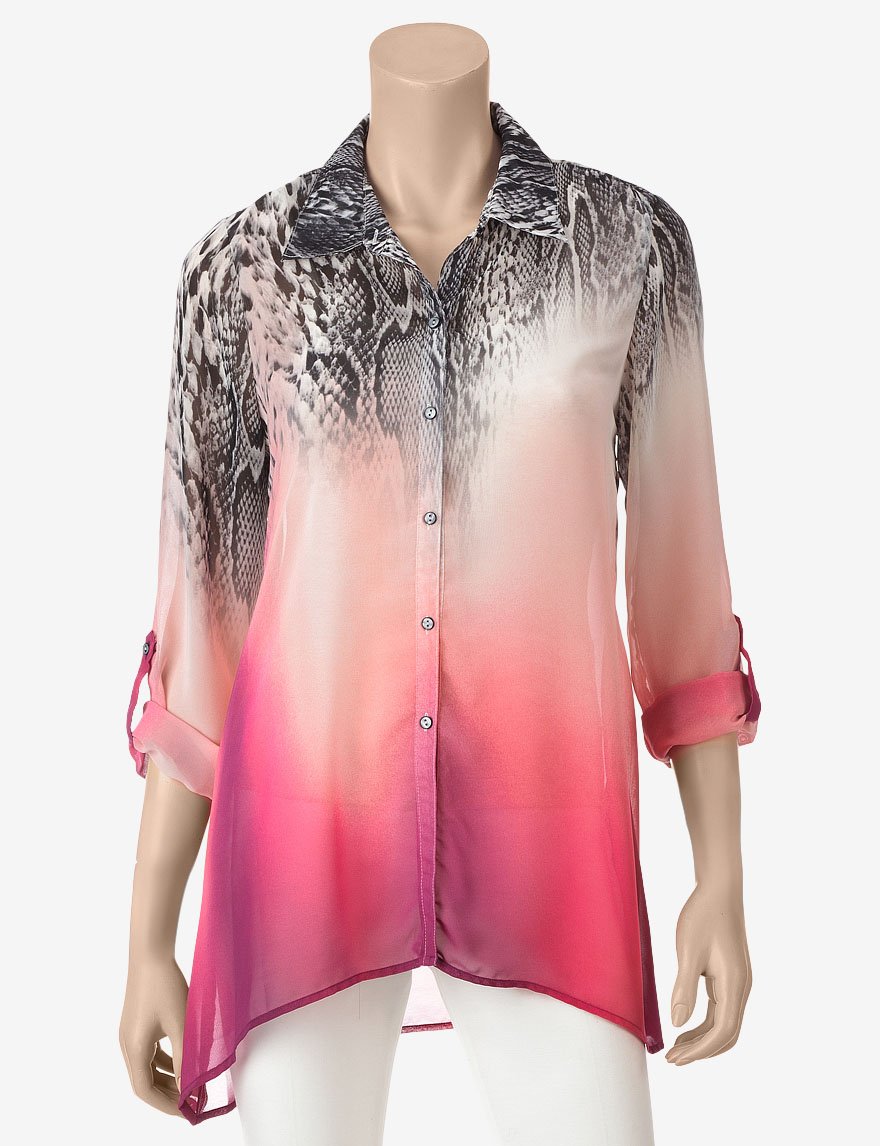 NY Collection Women's Ombre Animal Print Long Sleeve Sharkbite Hem Blouse