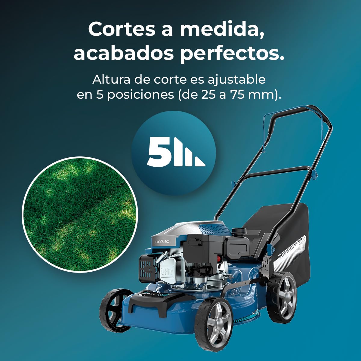 Cecotec Cortacésped de Gasolina Motor 144cc Terrenator 2700.41 Plus Total Z | Ancho de Corte 41cm, Cuerpo de Acero, Cambio de Altura Sistema Z-Tech, 3in1 con Mulching, Ruedas Traseras XL