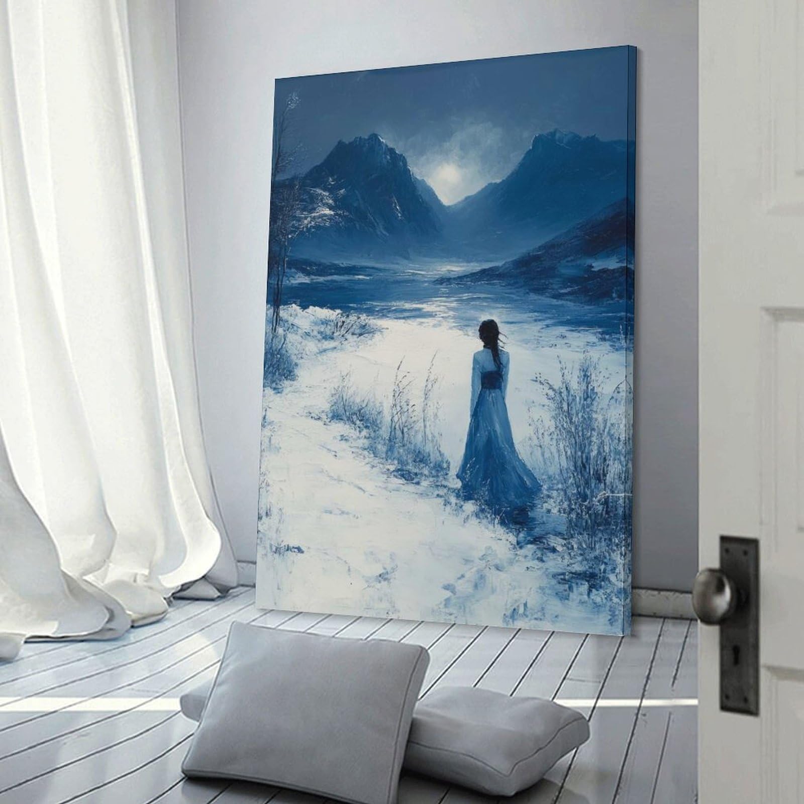 Junmoney Frame-Style-7 Solitary Figure In Blue Landscape Decorative Canvas Print, 20X30inch(50X75cm), For Contemporary Homes, Apartments Or Offices, Home Artwork For Modern Interiors