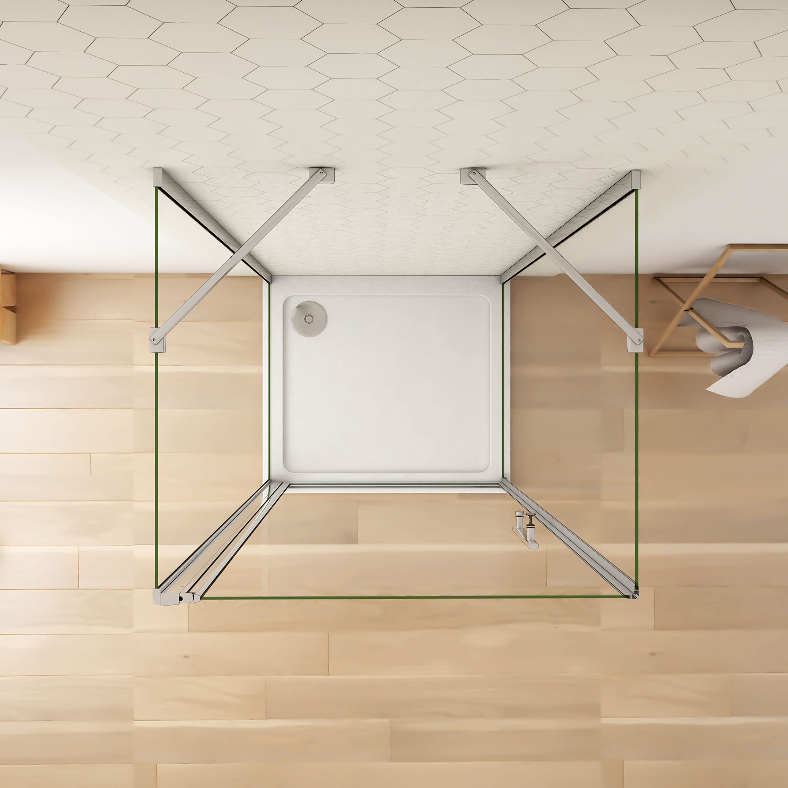 100x90x90x195cm Mampara de ducha angular abatible tres hojas, 6mm cristal templado antical, barra de sujeción incluido, marco de aluminio cromado