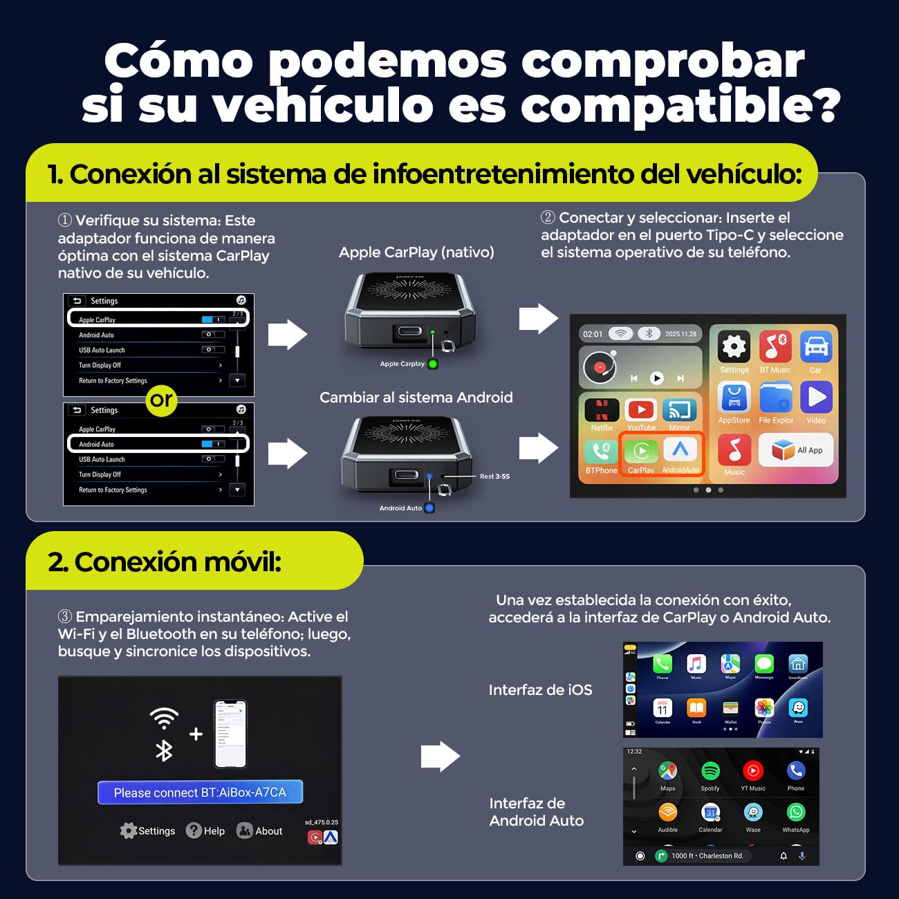 LAMTTO Adaptador CarPlay Inalámbrico AI Box con Google Play Store, Descarga de Apps y Gemini AI, CarPlay y Android Auto Inalámbricos, Netflix YouTube HDMI AirPlay Reproducción USB WiFi Doble Banda OTA