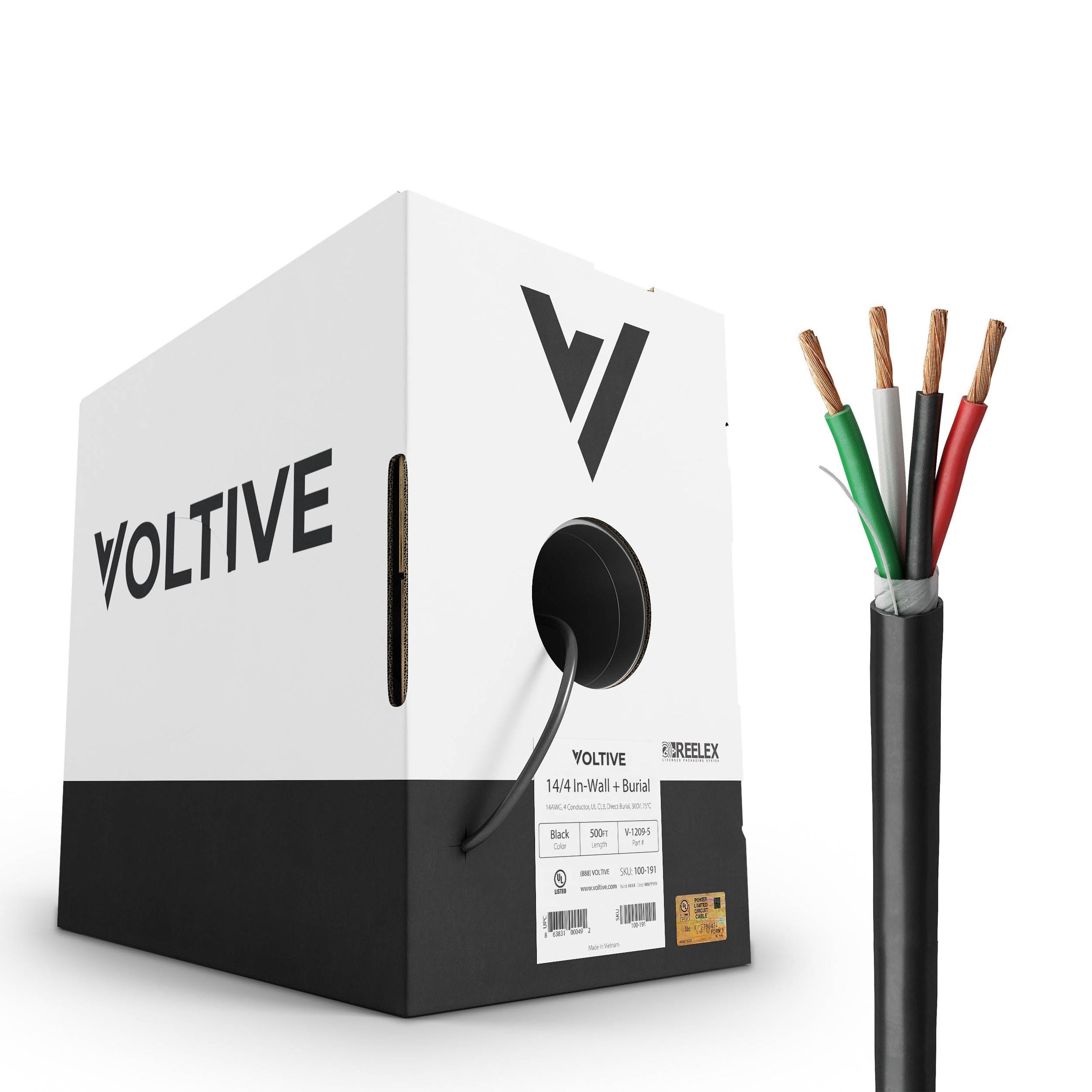 Voltive 14/4 Speaker Wire - 14 AWG/Gauge 4 Conductor - UL Listed in Wall (CL2/CL3) and Outdoor/In Ground (Direct Burial) Rated - Oxygen-Free Copper (OFC) - 500 Foot Bulk Cable Pull Box - Black