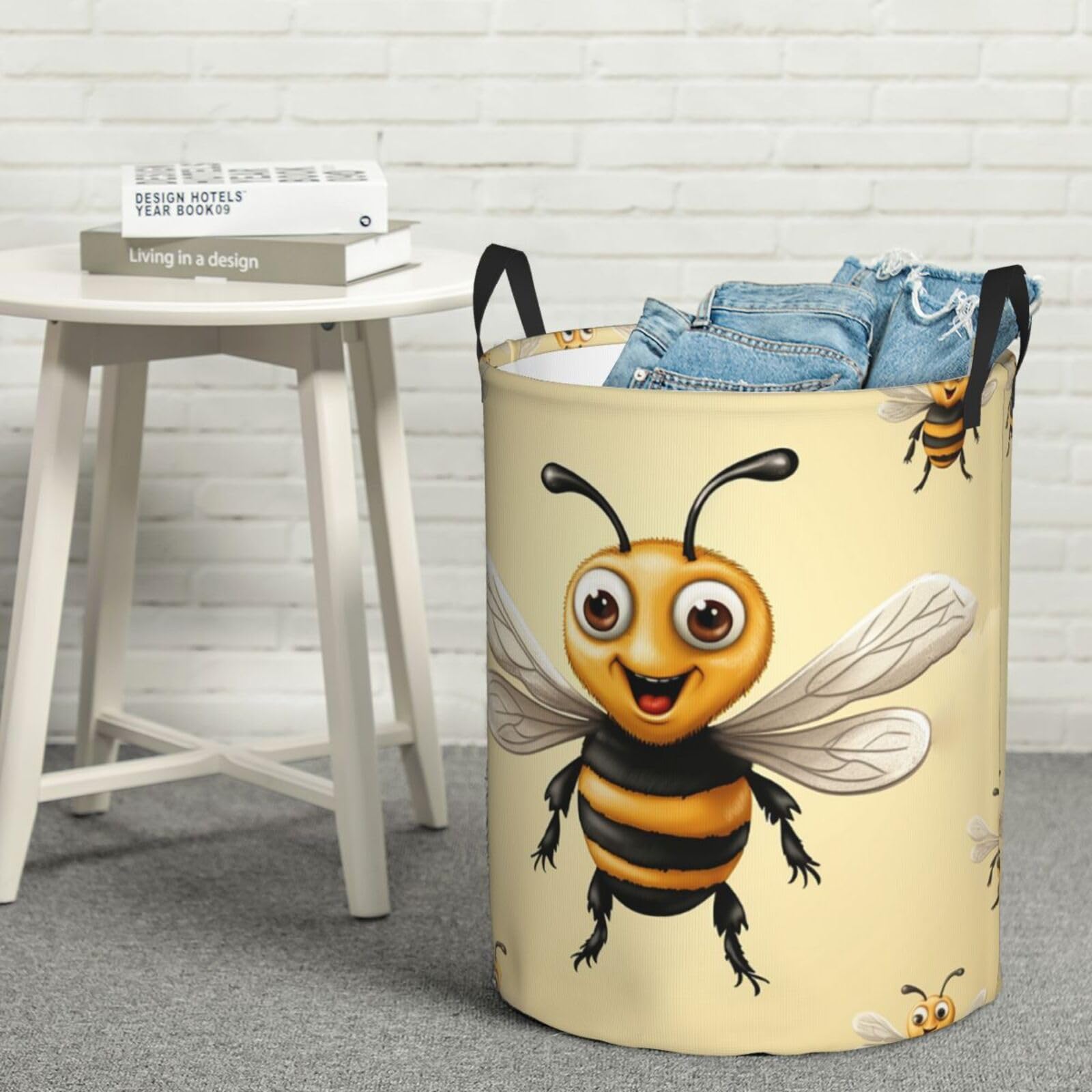 Fodpand Black Honey Bee Laundry Basket With Handle, Freestanding Laundry Hamper, Collapsible Dirty Clothes Hamper, Waterproof Fabric Blanket Storage Basket Tall Toy Storage Bin Room Decor Medium