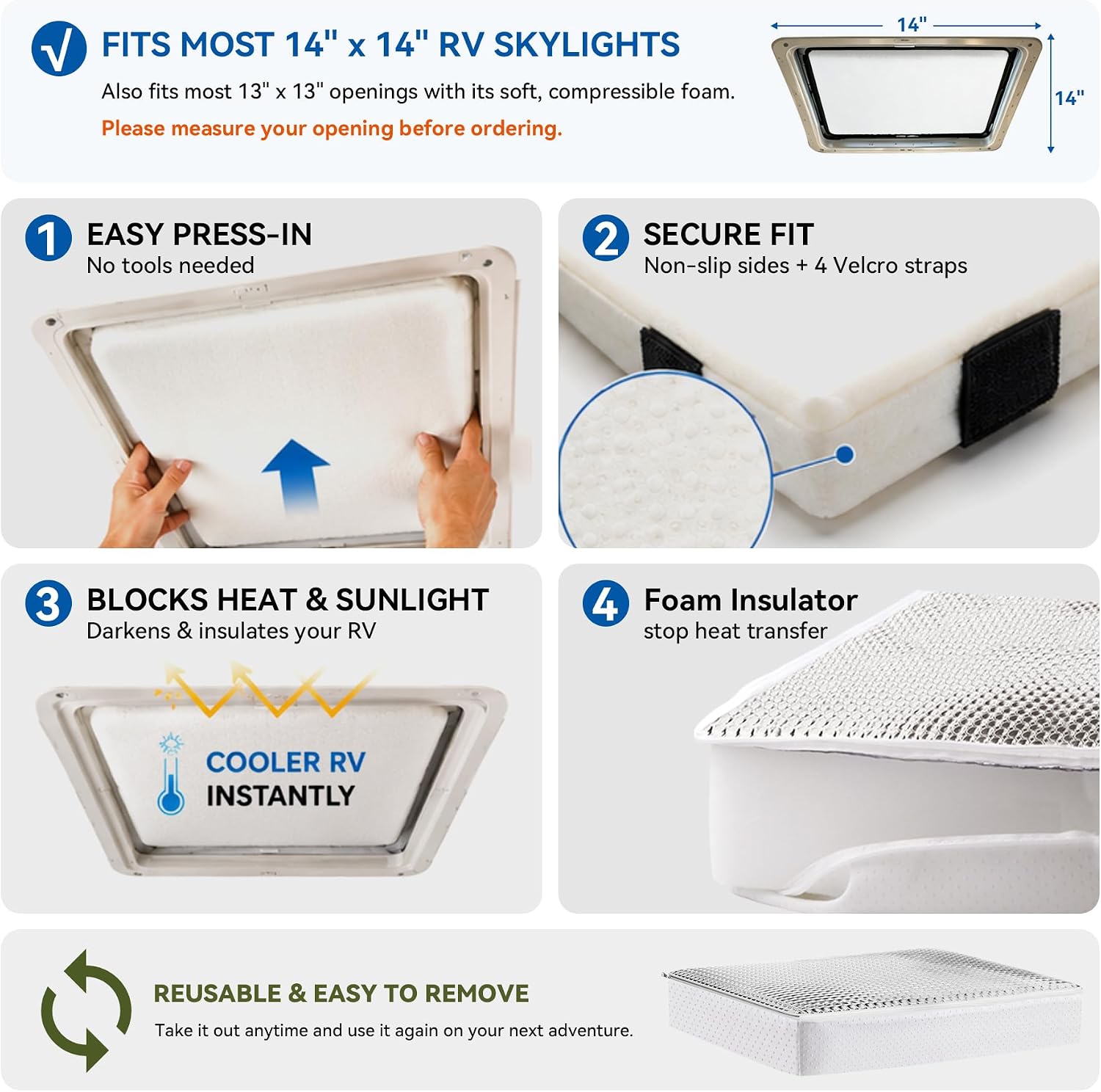 RV Skylight Sunroof Insulator Pillow 14x14x3 for Camper Bathroom Shower Cover, Reflective Heat Blocking Foam Insert, Waterproof Vent Shade with 4 Velcro Straps